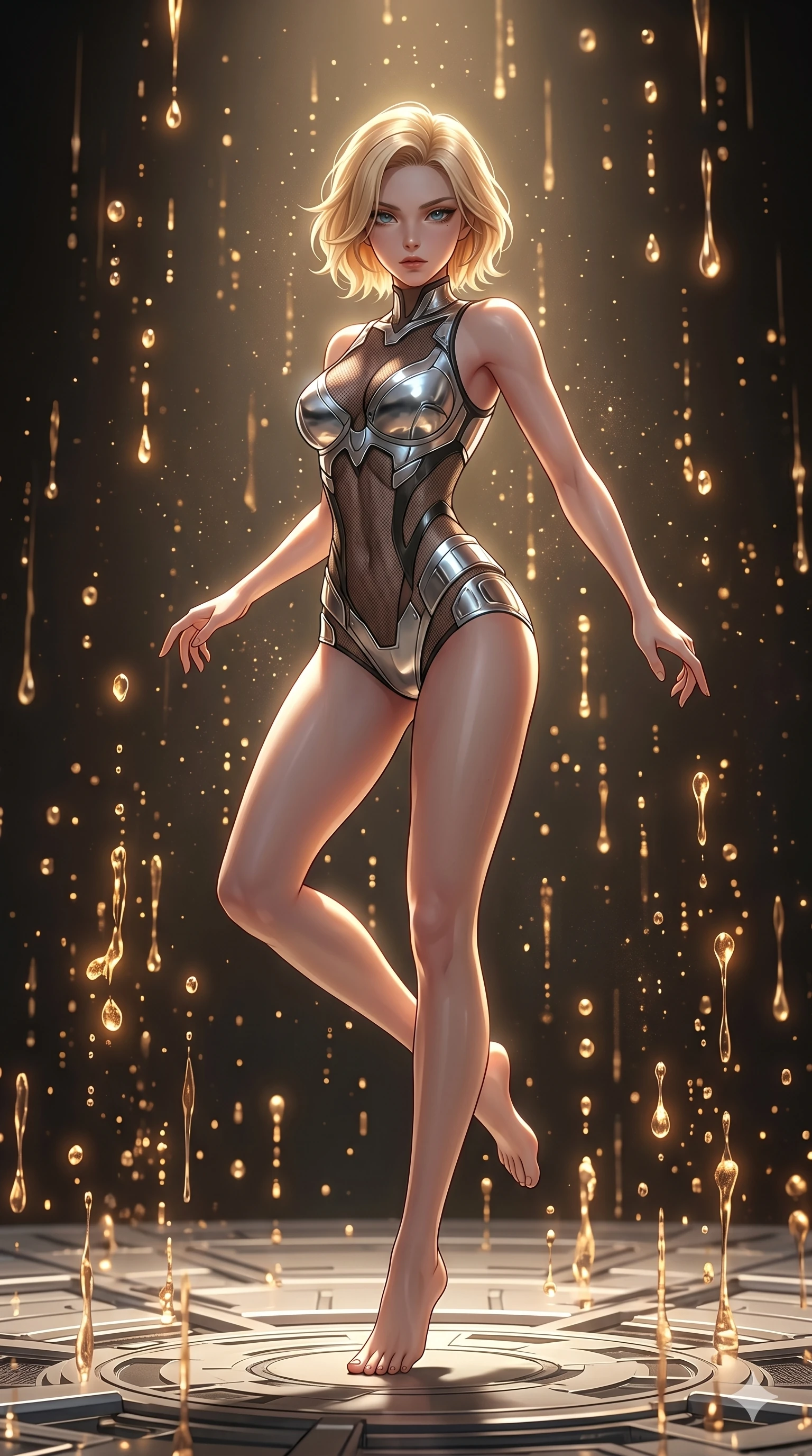 score_9, masterpiece, best quality, ultra-detailed, high-budget anime keyframe, Korean woman. low angle full-body shot filling the entire 9:16 frame with her statuesque presence, stretching the vertical silhouette. dodging ethereal liquid gold rain that rises upward from the ground in warm shimmering droplets under an inverted gravity field. She has an absolutely perfect 8-heads proportion, an exceptionally tall and slender female figure with impossibly long slender legs and an ultra-slim waist. V-shaped jawline, high-bridge nose, intricate jewel-like eyes with depth, thick eyelashes, glossy lips with a natural sheen.. wearing a bionic chrome plate bodysuit, featuring silver chrome plates covering the bust and hips, connected by sheer black mesh panels. illuminated by dramatic chiaroscuro casting soft shadows along her curves, with vibrant backlighting highlighting the dust particles. 2k, ultra detail, master piece, 9:16 ratio