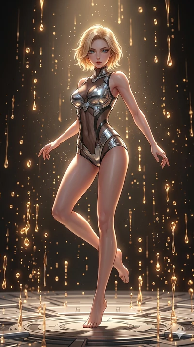 score_9, masterpiece, best quality, ultra-detailed, high-budget anime keyframe, Korean woman. low angle full-body shot filling the entire 9:16 frame with her statuesque presence, stretching the vertical silhouette. dodging ethereal liquid gold rain t