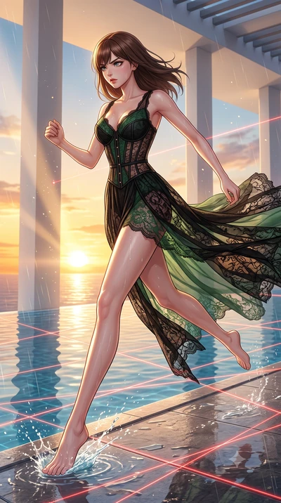 score_9, masterpiece, best quality, ultra-detailed, high-budget anime keyframe, editorial fashion photography, tasteful artistic composition, Korean woman. low angle full-body shot from head to toe showing her feet, filling the entire 9:16 vertical f