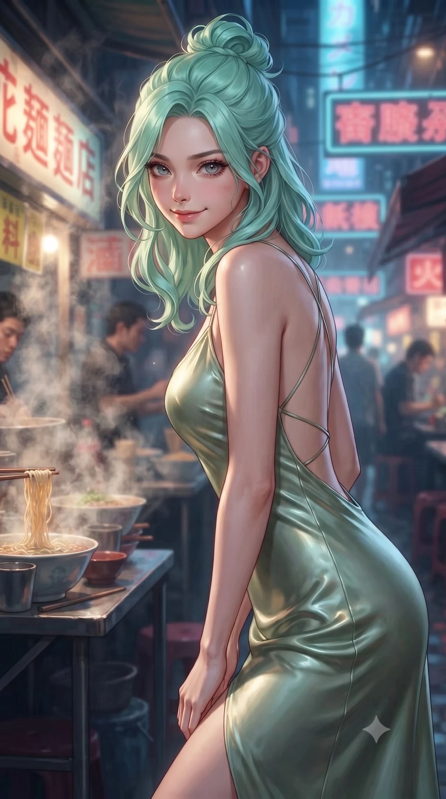 score_9, masterpiece, best quality, ultra-detailed, high-budget anime keyframe, editorial fashion photography, tasteful artistic composition, Japanese woman. close-up cowboy shot from the waist and thighs up, the character dominates the composition, filling the frame with her large presence, background elements kept in soft focus. leaning slightly forward with a playful, teasing smile, her gaze locked onto the viewer the background shows a soft-focus a cyber-noir street market with steaming noodle stalls and neon signage. She has an exceptionally elegant, slender, and willowy female figure with an ultra-slim waist, a gracefully sculpted slender torso, and a refined silhouette. sharp v-shaped jawline, high-bridge nose, intricate jewel-like eyes with depth, thick eyelashes, glossy lips with a natural sheen. wearing a slim-fit lightweight silk sundress in sage green with a dramatic open-back and thin criss-cross straps. dappled warm steam glow contrasting with cool blue shadow lighting. ultra-reflective glossy finish, specular highlights, metallic sheen, high-contrast stereoscopic depth, volumetric dynamic lighting, 2k, ultra detail, master piece, 9:16 ratio