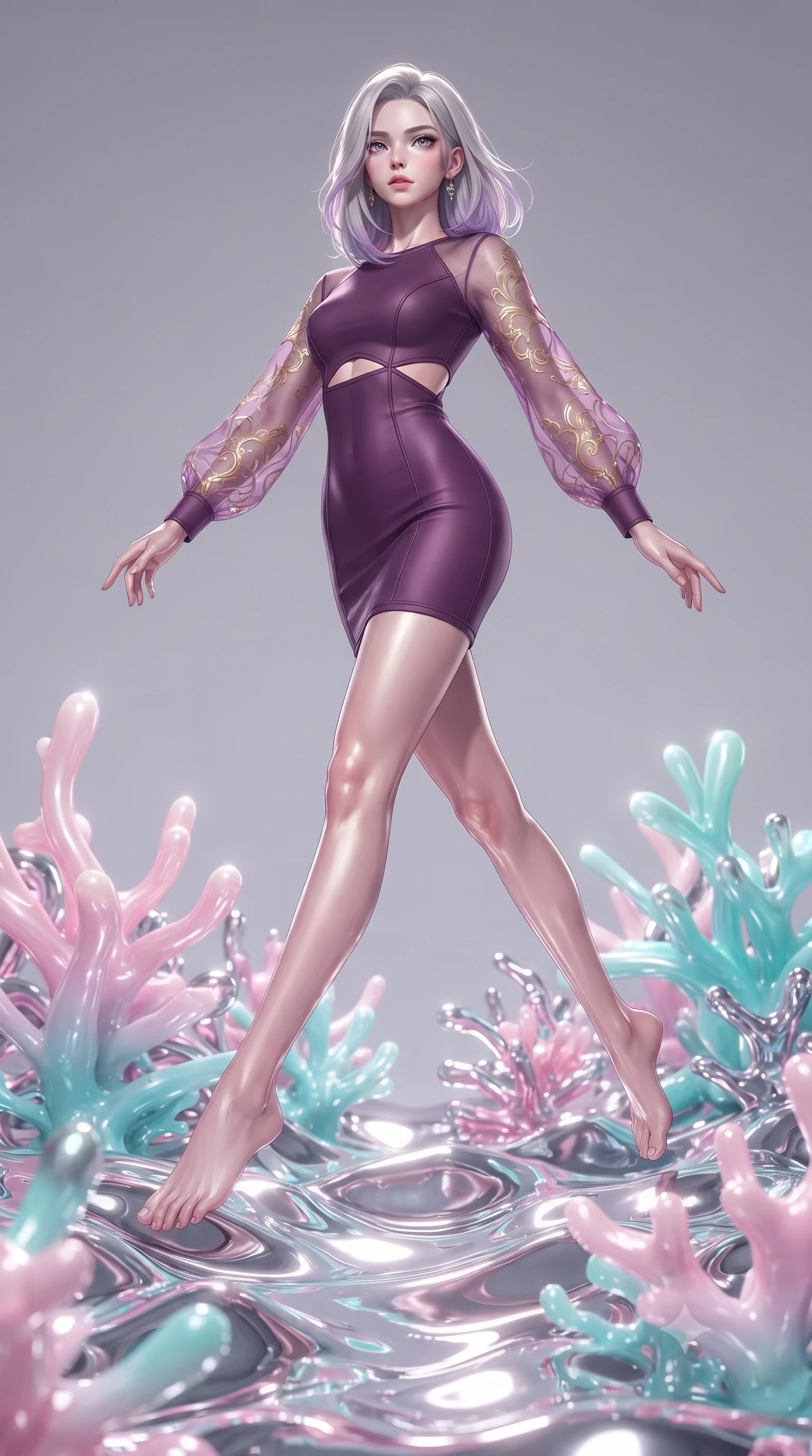 score_9, masterpiece, best quality, ultra-detailed, high-budget anime keyframe, editorial fashion photography, tasteful artistic composition, Caucasian woman. low angle full-body shot from head to toe showing her feet, filling the entire 9:16 vertical frame with her statuesque presence, stretching her vertical silhouette. leaping gracefully through the environment with statuesque elegance and long slender legs poised on a reflective chrome reef filled with living liquid mercury corals, pastel pink and turquoise gradients creating a nostalgic 80s aesthetic. She has an absolutely perfect, statuesque 8.5-heads proportion, an exceptionally tall and slender model-like female figure with impossibly long slender legs and an ultra-slim waist. sharp v-shaped jawline, high-bridge nose, intricate jewel-like eyes with depth, thick eyelashes, glossy lips with a natural sheen. wearing a sleek bodycon knit dress with sheer organza sleeve panels in plum purple and gold filigree, formed from sleek second-skin neoprene, featuring subtle geometric cutouts that highlight her ultra-slim midriff, the glove-like fit emphasizing her statuesque silhouette. illuminated by retro lo-fi backlighting and brilliant liquid speculars. ultra-reflective glossy finish, specular highlights, metallic sheen, high-contrast stereoscopic depth, volumetric dynamic lighting, 2k, ultra detail, master piece, 9:16 ratio