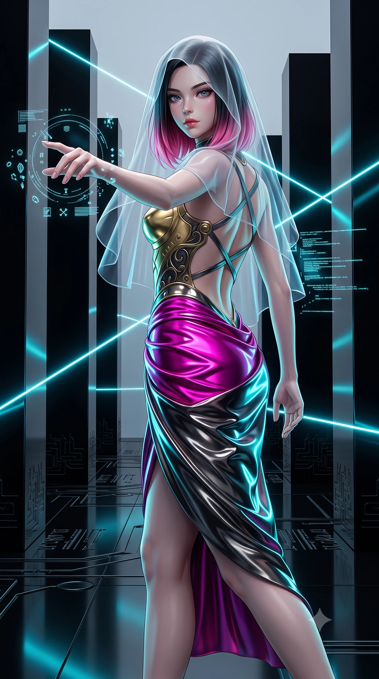 score_9, masterpiece, best quality, ultra-detailed, high-budget anime keyframe, editorial fashion photography, tasteful artistic composition, Korean woman. close-up cowboy shot from the waist and thighs up, the character dominates the composition, filling the frame with her large presence. extending one arm gracefully as floating holographic glyphs and nano-crystals orbit her fingertips with sovereign power while striding commanding through a minimalist hall of towering black obsidian monoliths intersected by razor-sharp cyan laser beams. The surrounding environment is rendered in vivid detail and crisp panoramic clarity. intricate cybernetic floor glyph engravings, clean architectural shadow borders, and laser nodes in high resolution. She has an exceptionally elegant, slender, and willowy female figure with an ultra-slim waist, a gracefully sculpted slender torso, toned flat midriff, and a refined slim silhouette. sharp v-shaped jawline, high-bridge nose, intricate jewel-like eyes with depth, thick eyelashes, glossy lips with a natural sheen, flawlessly proportioned anatomical accuracy, strict slender model proportions, natural body alignment, perfectly sculpted long slender limbs, ultra-slim waistline, clean dynamic posture without body distortion. wearing an ethereal translucent cyber-veil paired with a sculpted golden mechanical cuirass and high-fashion draped silk skirt in vibrant electric magenta and ultra-reflective dark titanium, formed from high-gloss patent material with specular chiaroscuro reflections, complemented by criss-cross back straps highlighting her completely bare spine, the liquid-tight tailored fabric emphasizing every curve of her tall, slender model proportions and sculptured silhouette during dynamic movement. bathed in intense high-contrast cyan laser rim lighting and deep obsidian shadow fill. ultra-reflective glossy finish, specular highlights, dark metallic sheen, high-contrast stereoscopic depth, volumetric dynamic lighting, 2k, ultra detail, master piece, 9:16 ratio
