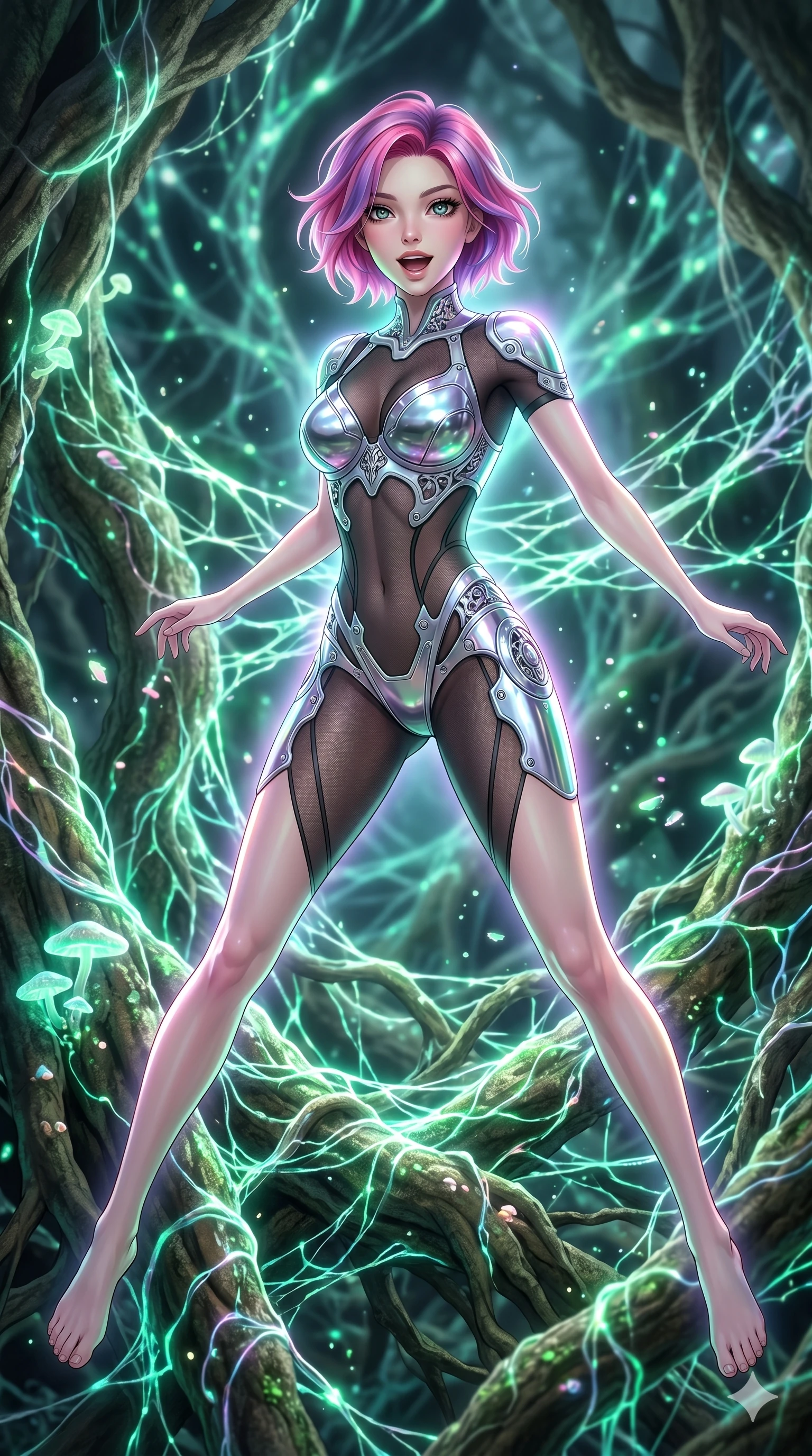 score_9, masterpiece, best quality, ultra-detailed, high-budget anime keyframe, Caucasian woman, strictly human ears. upper body close-up from the thighs up, character filling the screen for maximum presence. jumping amidst giant ancient tree roots wrapped in trillions of glowing mycelium threads pulsing with emerald and opal light. She has an absolutely perfect 8-heads proportion, an exceptionally tall and slender female figure with impossibly long slender legs and an ultra-slim waist. V-shaped jawline, high-bridge nose, intricate jewel-like eyes with depth, thick eyelashes, glossy lips with a natural sheen.. wearing a bionic chrome plate bodysuit, featuring silver chrome plates covering the bust and hips, connected by sheer black mesh panels. enhanced by a luminous pastel spectrum glow, casting elegant rim lights on her shoulders and jawline. 2k, ultra detail, master piece, 9:16 ratio