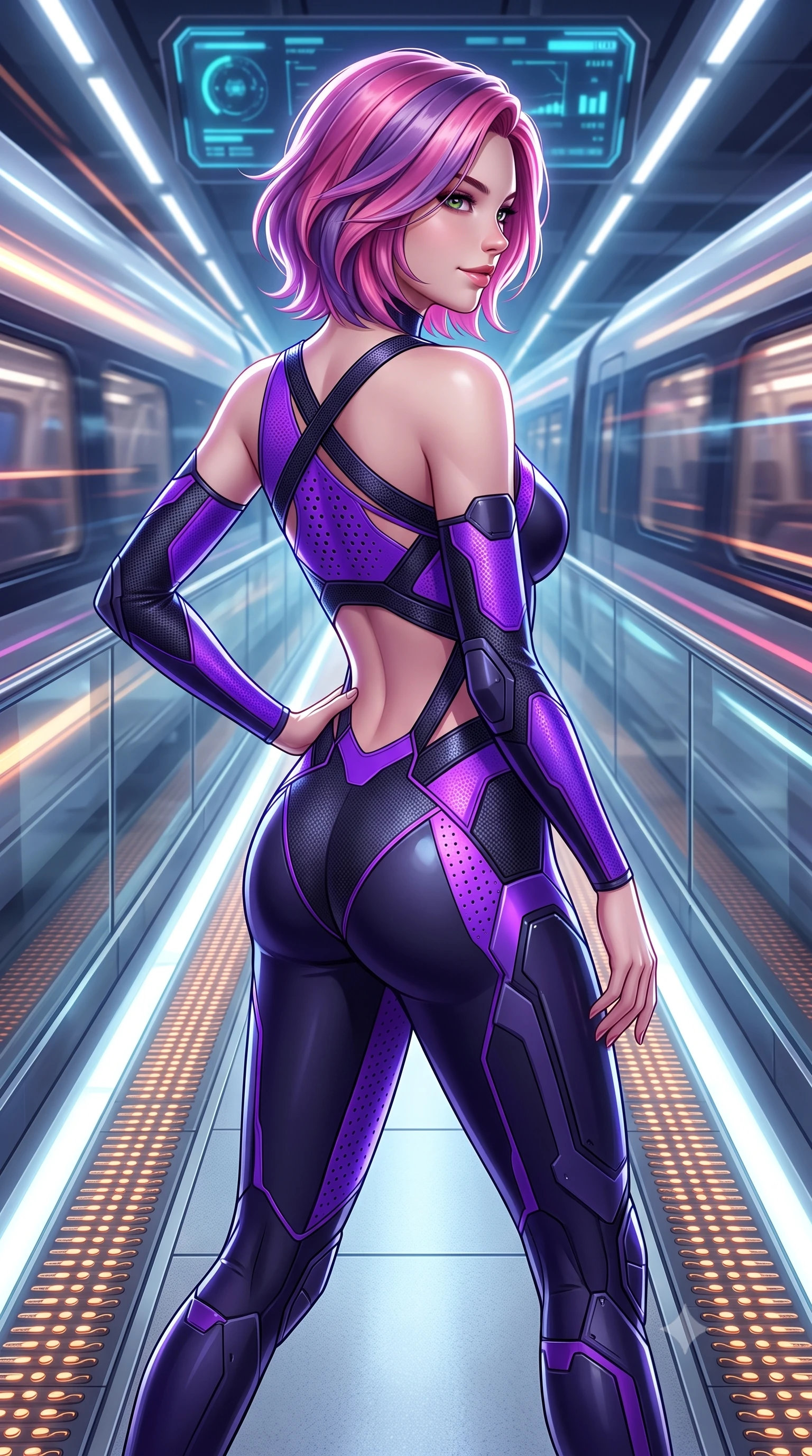score_9, masterpiece, best quality, ultra-detailed, high-budget anime keyframe, semi-realistic 3D game render, editorial fashion photography, tasteful artistic composition, Caucasian woman. close-up cowboy shot from the waist and thighs up, the character dominates the composition, filling the frame with her large presence. turning slowly with a smoldering smile, her sleek hair catching the cockpit HUD rim light as her hips angle gracefully in a captivating contrapposto while walking dynamically down the illuminated concourse with sovereign grace, her long slender legs and hourglass curves commanding the frame. The surrounding environment is rendered in vivid detail and crisp panoramic clarity: sharp magnetic track coil textures, glass concourse balustrade clarity, and train streamline reflections in deep focus. She has an exceptionally elegant, slender, and willowy female figure with an ultra-slim waist, flat toned midriff, narrow ribcage, and sculpted feminine hips creating an alluring, slim hourglass silhouette without bulk. sharp v-shaped jawline, high-bridge nose, intricate jewel-like sparkling eyes with depth, thick eyelashes, glossy parted lips with a natural sheen, bright confident smile with an enchanting and coquettish sensual glint, exuding both youthful magnetic charm and sovereign high-tech allure, flawlessly proportioned anatomical accuracy, strict slender model proportions, natural body alignment, perfectly sculpted long slender limbs, ultra-slim waistline, clean dynamic posture without body distortion. wearing an asymmetric one-shoulder combat catsuit with carbon-weave paneling and an open-waist architecture emphasizing her hips in neon electric violet and deep space obsidian, made of high-grade ballistic nylon with precision laser-cut perforations, finished with criss-cross Kevlar tactical straps tracing her graceful shoulder blades, the form-fitting tactical tailoring adhering flawlessly to her sculpted flat midriff and slender torso, emphasizing her long leg lines and perfectly proportioned willowy build. illuminated by passing train light streaks and sharp platinum rim lights defining her sculpted collarbones, ultra-slim waist, and curvy hips. highly saturated vibrant anime colors, detailed shading with soft gradients, rich glossy textures, high-contrast stereoscopic depth, volumetric dynamic lighting, master piece, 9:16 ratio