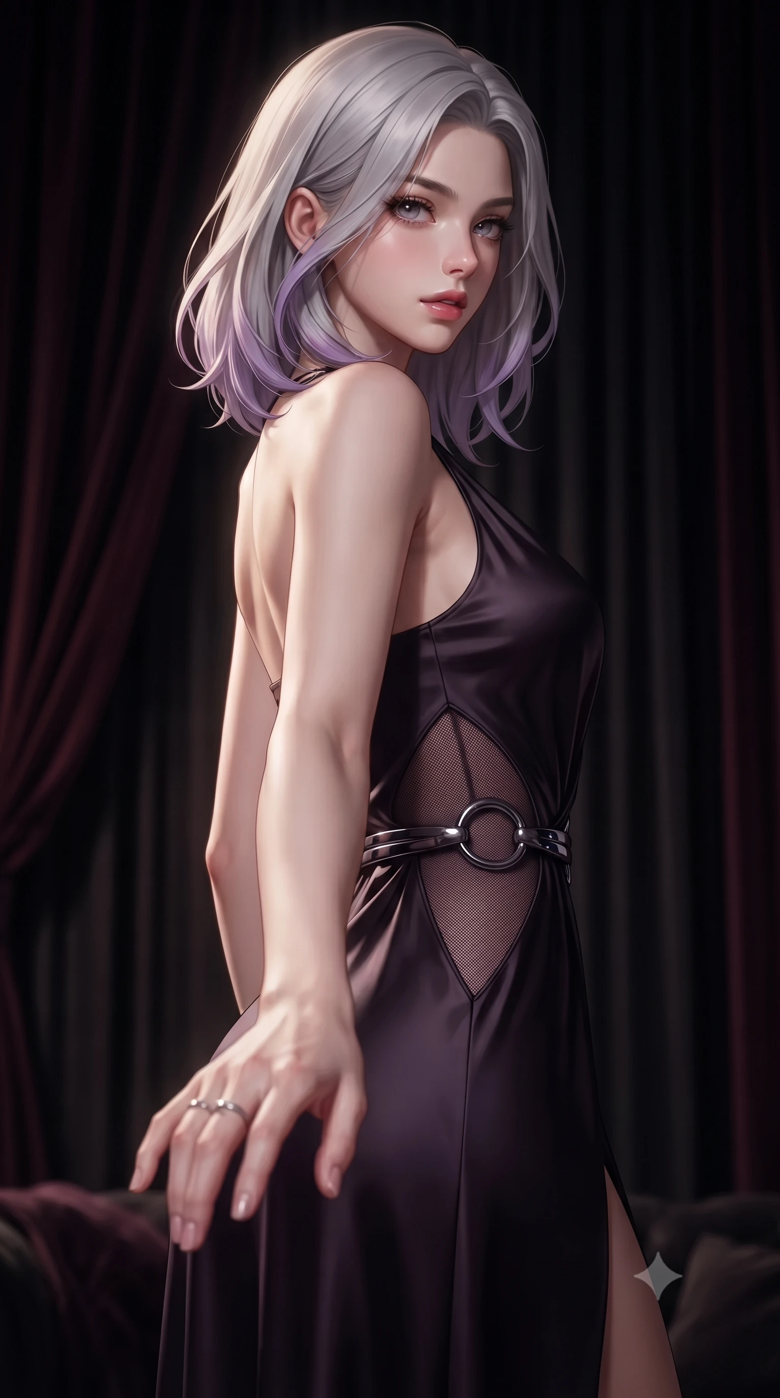 score_9, masterpiece, best quality, ultra-detailed, high-budget anime keyframe, editorial fashion photography, tasteful artistic composition, Caucasian woman. close-up cowboy shot from the waist and thighs up, the character dominates the composition, filling the frame with her large presence, background elements kept in soft focus. Reaching one hand toward the viewer with relaxed sensual elegance, looking back over her bare shoulder in a dimly lit private penthouse boudoir, heavy velvet curtains creating rich dark shadows and deep color accents. She has an exceptionally elegant, slender, and willowy female figure with an ultra-slim waist, a gracefully sculpted slender torso, and a refined silhouette. sharp v-shaped jawline, high-bridge nose, intricate jewel-like eyes with depth, thick eyelashes, glossy lips with a natural sheen. wearing draped obsidian silk gown featuring tasteful waist slit cutouts in dark plum violet, made of fine dark contouring mesh, accented with sculpted obsidian chrome rings at the waist, accentuating her gracefully sculpted slender torso. bathed in dramatic chiaroscuro with a sharp key light tracing her side profile. highly saturated vibrant anime colors, detailed shading with soft gradients, rich glossy textures, high-contrast stereoscopic depth, volumetric dynamic lighting, master piece, 9:16 ratio