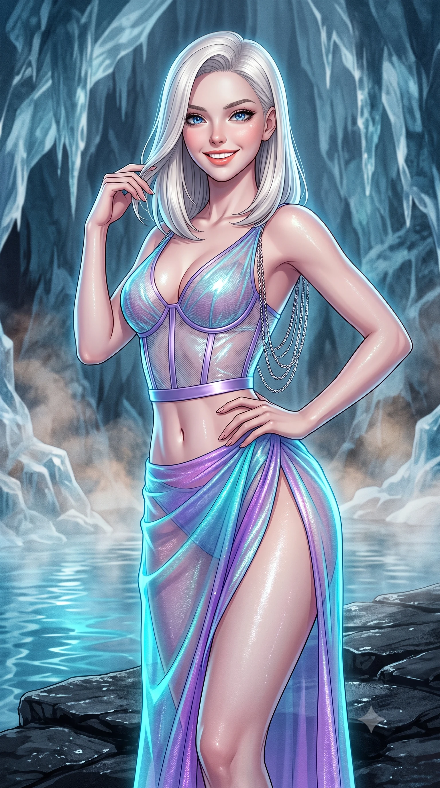 score_9, masterpiece, best quality, ultra-detailed, high-budget anime keyframe, editorial fashion photography, tasteful artistic composition, Caucasian woman. close-up cowboy shot from the waist and thighs up, the character dominates the composition, filling the frame with her large presence. twisting her slender torso in an alluring contrapposto stance, one hand resting on her sculpted hip while her fingers toy with her hair with effortless poise while standing poised on the heated black slate edge of the subterranean cryo-lagoon inside ancient glacial ice, arching her back with siren poise as warm mineral vapors rise. The surrounding environment is rendered in vivid detail and crisp panoramic clarity: detailed outfit weave, form-fitting wet cling or bodycon lines, and Arctic glacial retreat craft in razor-sharp precision. She has an exceptionally elegant, slender, and willowy female figure with an ultra-slim waist, flat toned midriff, narrow ribcage, and sculpted feminine hips creating an alluring, slim hourglass silhouette without bulk. sharp v-shaped jawline, high-bridge nose, intricate jewel-like sparkling eyes with depth, thick eyelashes, glossy parted lips with a natural peach sheen, bright cheerful beaming smile with an enchanting and coquettish sensual glint, exuding both youthful cute charm and seductive allure, flawlessly proportioned anatomical accuracy, strict slender model proportions, natural body alignment, perfectly sculpted long slender limbs, ultra-slim waistline, clean dynamic posture without body distortion. wearing a provocative translucent mesh corset bodice with boned satin channels paired with a sheer chiffon wrap skirt in Cheonggyecheon neon aqua and ultraviolet amethyst, crafted from stretch micro-mesh with liquid foil coating that shimmers with every movement, accented with an open-back drape framed by falling strands of delicate chrome chains, the high-slit wrap tailoring accentuating her ultra-slim waistline and the enchanting curve of her feminine hips with alluring seductive charm. illuminated by pool surface reflection bounce and sharp ice-blue rim lights sculpting her razor-sharp jawline, narrow waist, and curvy hips. ultra-reflective glossy finish, specular highlights, rich textural contrasts, high-contrast stereoscopic depth, volumetric dynamic lighting, 2k, ultra detail, master piece, 9:16 ratio