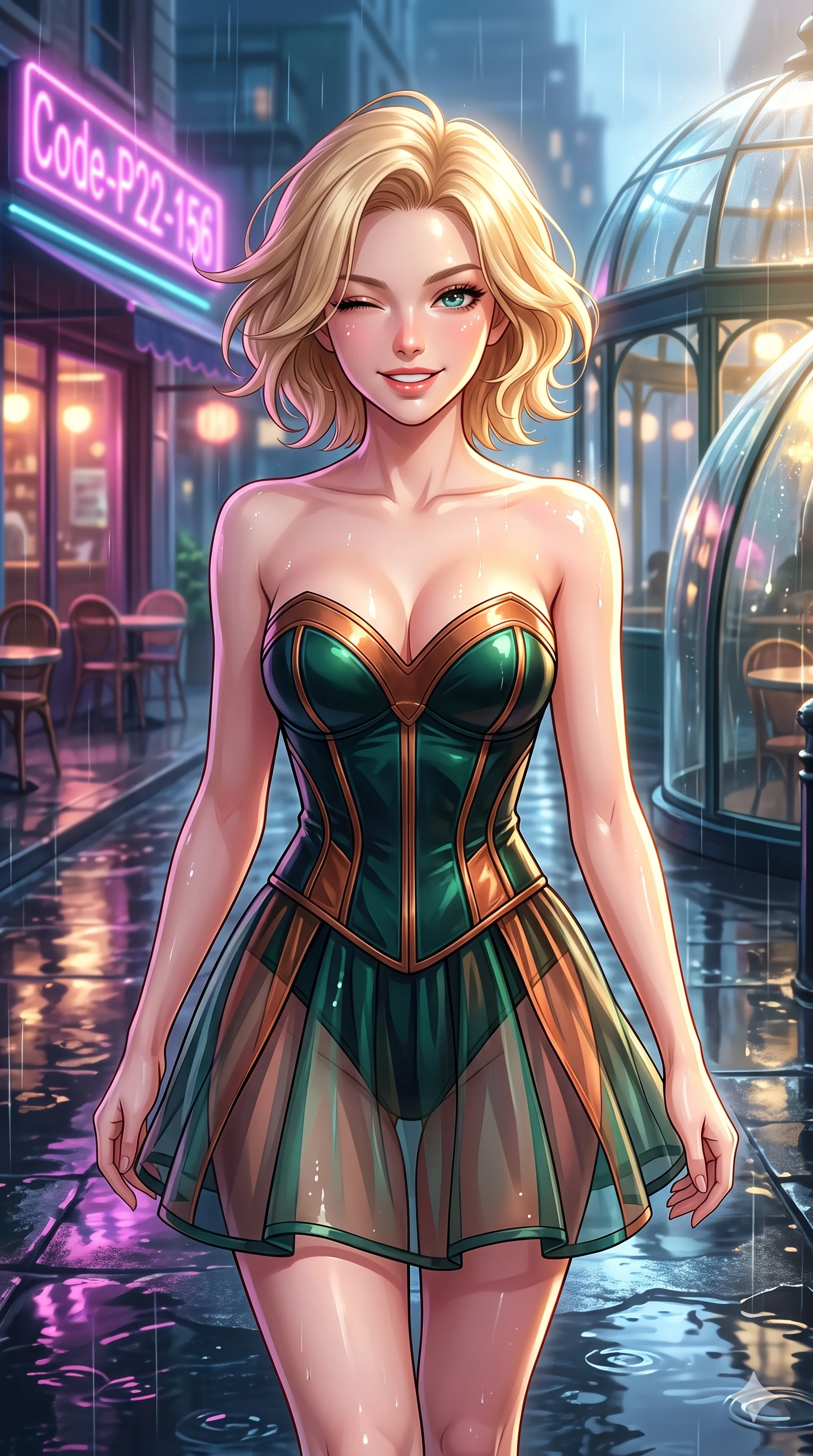score_9, masterpiece, best quality, ultra-detailed, high-budget anime keyframe, vibrant anime aesthetic, Caucasian woman, strictly human ears. close-up cowboy shot from the waist and thighs up, the character dominates the composition, filling the frame with her large presence, background elements kept in soft focus. She is walking down a rain-slicked path, winking and smiling cheerfully, gazing at the camera with sparkling eyes with a lively, expressive stance. the background shows a soft-focus glowing neon-lit cafe terrace overlooking a reflective puddle-filled street during a twilight shower (Code-P22-156). She has an absolutely perfect proportion, an exceptionally elegant and slender female figure with an ultra-slim waist. V-shaped jawline, high-bridge nose, intricate jewel-like eyes with depth, thick eyelashes, glossy lips with a natural sheen. wearing a structured leather bodice featuring a sweetheart neckline and a translucent skirt in dark emerald and copper details. She is drenched in brilliant morning sunshine reflecting off wet glass domes, highlighting her winking face and glossy lips inside the retro conservatory cafe. 2k, ultra detail, master piece, 9:16 ratio