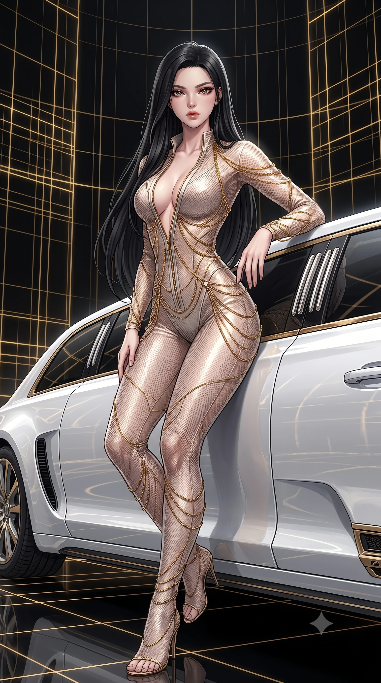 score_9, masterpiece, best quality, ultra-detailed, High-budget Anime Keyframe, East Asian woman. Dynamic full-body shot stretching the vertical silhouette to the limit. Scenario 292: leaning against a sleek white hover-limousine by a digital arena where gold gridlines project onto the black walls. Her presence is magnetic and overpowering in this high-budget anime scene. Outfit 292: a body-hugging molten liquid silk mesh with a unzipped detail and fine gold chains. The clothing is designed to emphasize her exceptionally tall and slender 8-heads proportion. 8-heads proportion, towering silhouette, ultra-slim waist. sharp v-shaped jawline, intricate jewel-like eyes with depth, thick eyelashes, glossy lips. 2k, ultra detail, master piece, 9:16 ratio