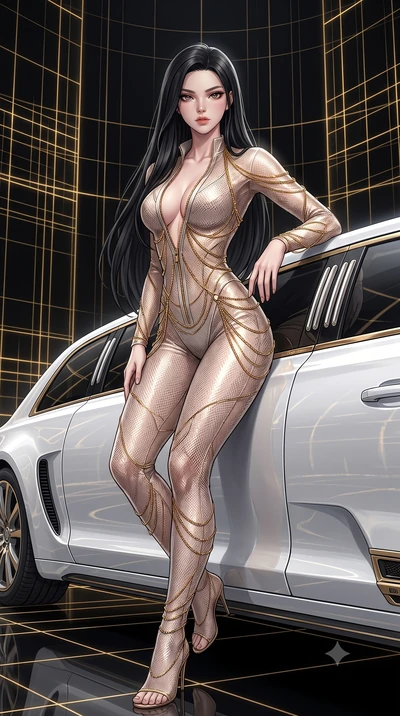 score_9, masterpiece, best quality, ultra-detailed, High-budget Anime Keyframe, East Asian woman. Dynamic full-body shot stretching the vertical silhouette to the limit. Scenario 292: leaning against a sleek white hover-limousine by a digital arena w