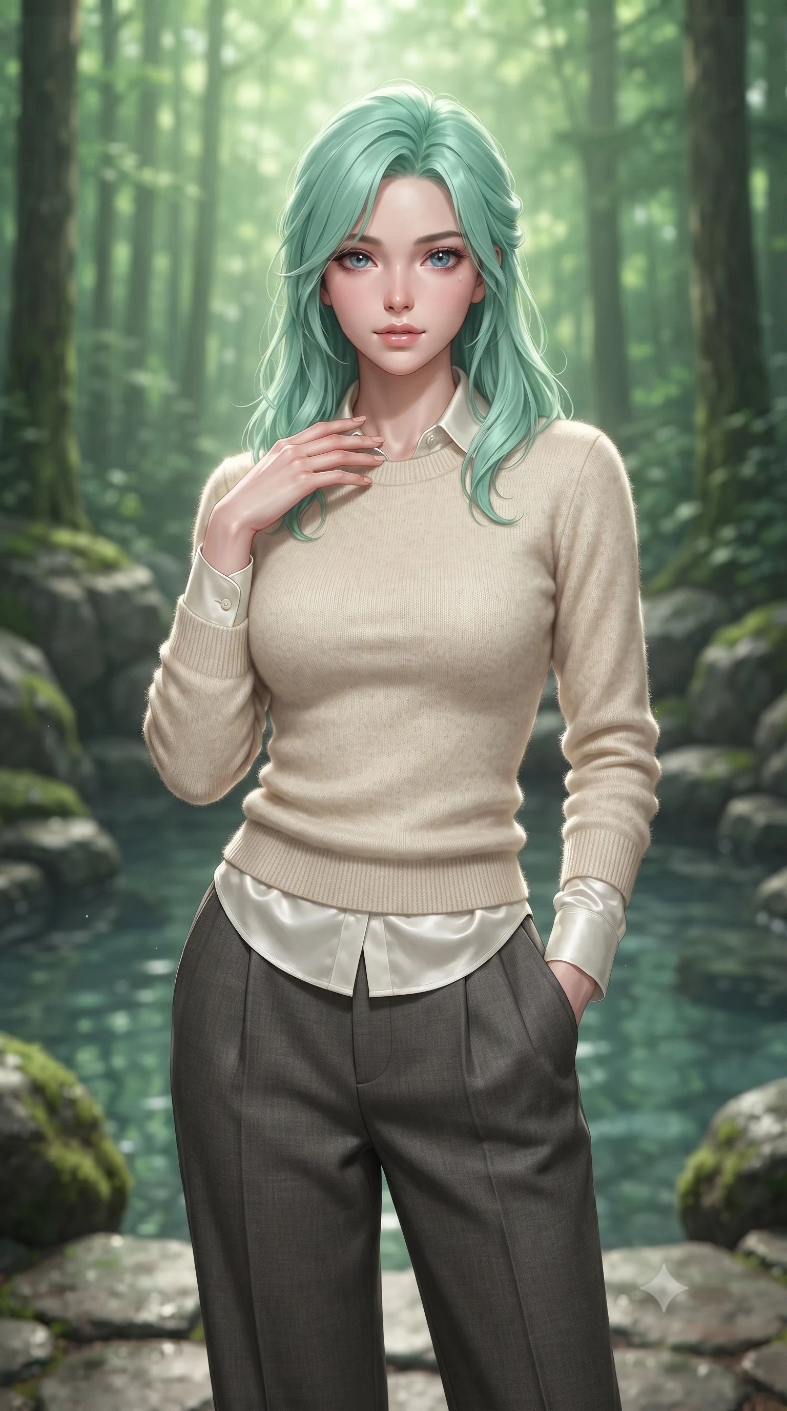 score_9, masterpiece, best quality, ultra-detailed, high-budget anime keyframe, editorial fashion photography, tasteful artistic composition, Japanese woman woman. close-up cowboy shot from the waist and thighs up, the character dominates the composition, filling the frame with her large presence, background elements kept in soft focus. standing with one hand resting on her collarbone, looking at the viewer with bedroom-eyes the background shows a soft-focus a natural stone pool surrounded by mossy rocks and tall trees in a private estate. She has an exceptionally elegant, slender, and willowy female figure with an ultra-slim waist, a gracefully sculpted slender torso, and a refined silhouette. sharp v-shaped jawline, high-bridge nose, intricate jewel-like eyes with depth, thick eyelashes, glossy lips with a natural sheen. wearing a body-hugging comfortable cream cashmere knit sweater worn over a white silk button-down shirt and relaxed slacks. soft diffused green light filtering through the dense forest canopy. ultra-reflective glossy finish, specular highlights, metallic sheen, high-contrast stereoscopic depth, volumetric dynamic lighting, 2k, ultra detail, master piece, 9:16 ratio