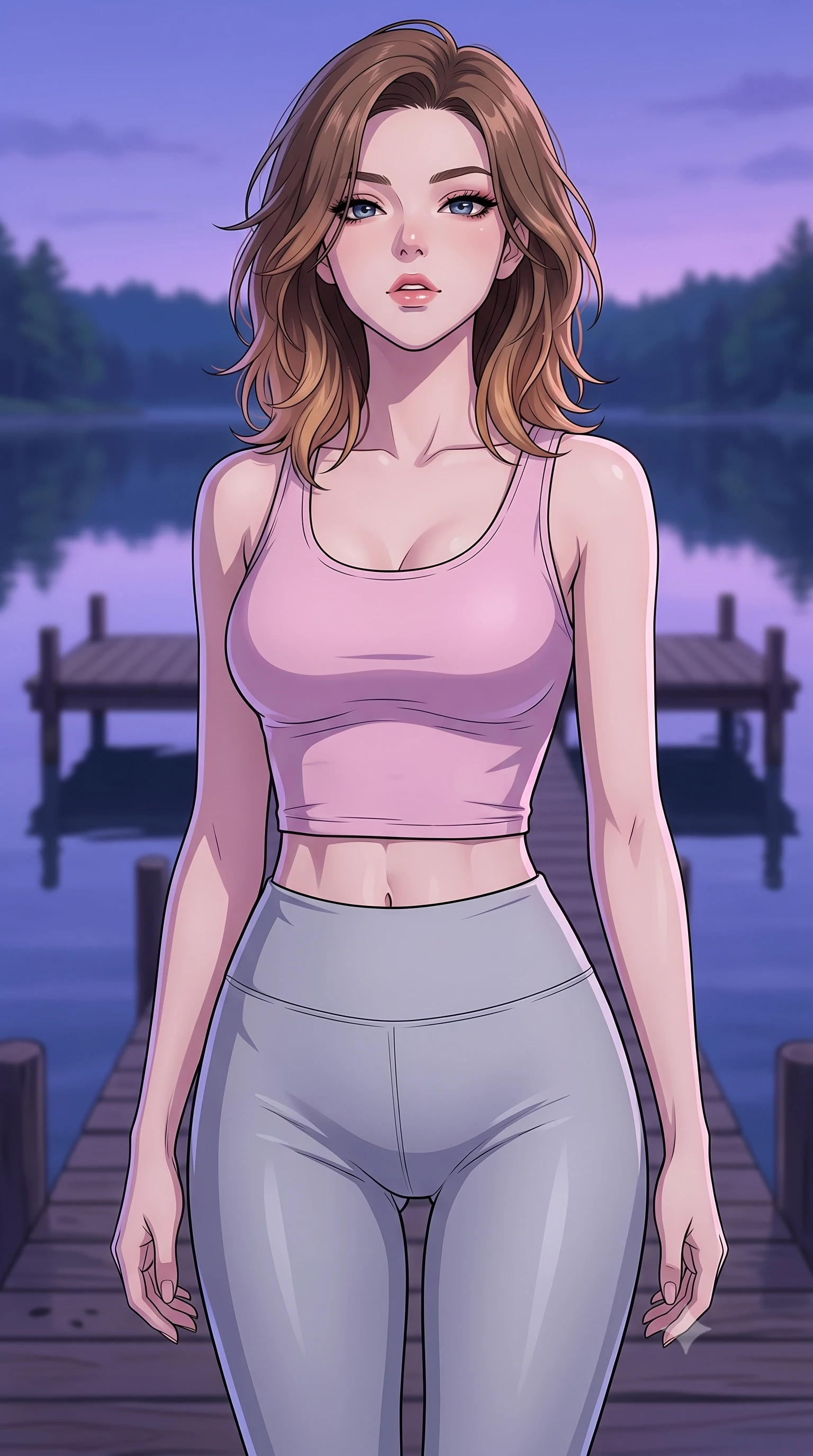 score_9, masterpiece, best quality, ultra-detailed, high-budget anime keyframe, tasteful artistic composition, Korean woman. close-up cowboy shot from the waist and thighs up, the character dominates the composition, filling the frame with her large presence, background elements kept in soft focus. tilting her chin up slightly with lips parted in a composed, provocative expression the background shows a soft-focus a private lakehouse wooden pier extending over a calm forest lake. She has an exceptionally elegant, slender, and willowy female figure with an ultra-slim waist, a gracefully sculpted slender torso, and a refined silhouette. sharp v-shaped jawline, high-bridge nose, intricate jewel-like eyes with depth, thick eyelashes, glossy lips with a natural sheen. wearing a form-contouring body-hugging light pink crop tank top paired with high-waisted tight-fitting leggings. the serene purple and blue hues of twilight reflecting on the still water. highly saturated vibrant anime colors, cel-shading, 2d style, master piece, 9:16 ratio