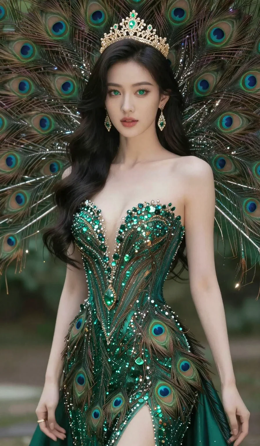 (masterpiece:1.2), best quality, highres, (1girl:1.3), breathtakingly beautiful woman, (eyes like sparkling emeralds:1.1), dress of peacock feathers, majestic and royal, 2k, ultra detail, 9:16 ratio