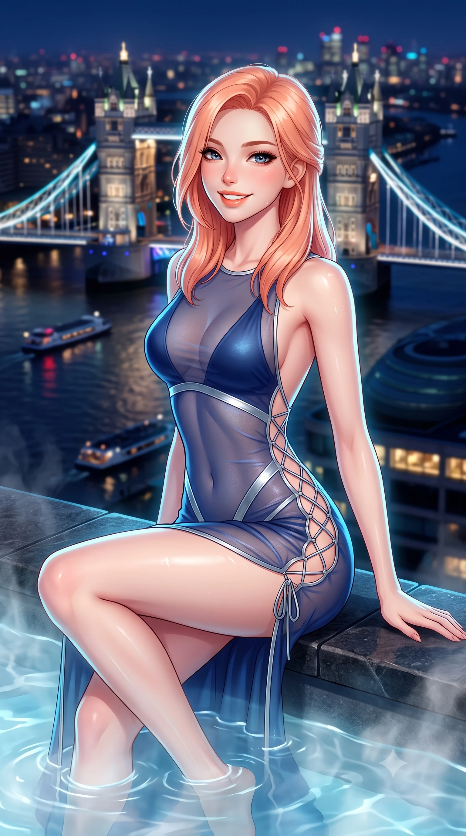 score_9, masterpiece, best quality, ultra-detailed, high-budget anime keyframe, semi-realistic 3D game render, editorial fashion photography, tasteful artistic composition, Japanese woman. close-up cowboy shot from the waist and thighs up, the character dominates the composition, filling the frame with her large presence. perched sideways on the lounge seat, one knee drawn up to showcase her slender leg line while her arched back accentuates her feminine hip curve while lounging in the steaming water propped on the dark stone rim with legs extended, her statuesque 8.5-heads silhouette commanding the metropolis. The background shows a soft-focus illuminated twin gothic towers of Tower Bridge, winding black ribbon of River Thames with riverboat lights, and endless London skyline blurred into sapphire, gold, and ruby bokeh. She has an exceptionally elegant, slender, and willowy female figure with an ultra-slim waist, flat toned midriff, narrow ribcage, and sculpted feminine hips creating an alluring, slim hourglass silhouette without bulk. sharp v-shaped jawline, high-bridge nose, intricate jewel-like sparkling eyes with depth, thick eyelashes, glossy parted lips with a natural peach sheen, bright cheerful beaming smile with an enchanting and coquettish sensual glint, exuding both youthful cute charm and seductive allure, flawlessly proportioned anatomical accuracy, strict slender model proportions, natural body alignment, perfectly sculpted long slender limbs, ultra-slim waistline, clean dynamic posture without body distortion. wearing an alluring sheer illusion mesh gown with liquid silver ribbons contouring her flat midriff and curvaceous hips in Thames nocturnal sapphire and liquid platinum, woven from buttery-soft stretch lambskin leather adhering to her body like a second skin, featuring fine criss-cross lace-up side ties revealing tantalizing glimpses of her hip curve, the precision-cut side openings and low-back scoop framing her graceful spine and the sensual sweep of her slim, toned hips. illuminated by tub water caustics bounce and sharp platinum-cyan rim lights sculpting her razor-sharp jawline, narrow waist, and curvy hips. highly saturated vibrant anime colors, detailed shading with soft gradients, rich glossy textures, high-contrast stereoscopic depth, volumetric dynamic lighting, master piece, 9:16 ratio