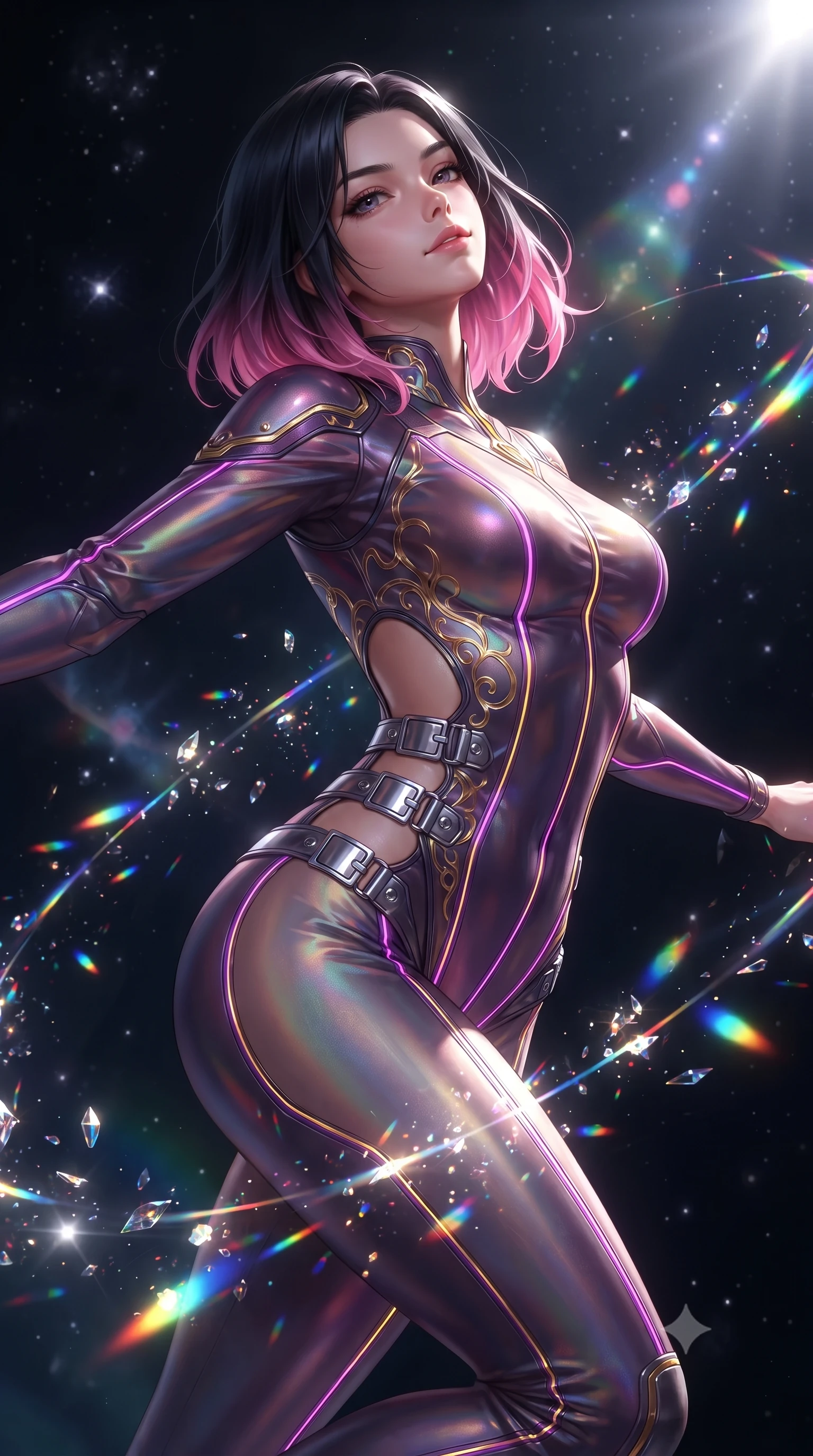 score_9, masterpiece, best quality, ultra-detailed, high-budget anime keyframe, editorial fashion photography, tasteful artistic composition, Korean woman. close-up cowboy shot from the waist and thighs up, the character dominates the composition, filling the frame with her large presence, background elements kept in soft focus. Tilting her chin up with an air of effortless superiority while balancing dynamically amidst the scene while pivoting gracefully mid-air as multi-color light refraction trails follow her movement, glowing crystalline dust motes sparkling dynamically in the surrounding dark space. She has an exceptionally elegant, slender, and willowy female figure with an ultra-slim waist, a gracefully sculpted slender torso, and a refined silhouette. sharp v-shaped jawline, high-bridge nose, intricate jewel-like eyes with depth, thick eyelashes, glossy lips with a natural sheen, flawlessly proportioned anatomical accuracy, natural body alignment, perfectly sculpted elegant limbs, clean dynamic posture without body distortion. wearing a skin-tight cybernetic bodysuit with glowing neon seams and side cutouts in plum purple and gold filigree, crafted from iridescent chiffon that shifts colors in the light, detailed with polished silver buckles along the waistline, the tailored fabric tightly following every curve of her athletic build. illuminated by high-contrast studio spotlights with ultra-bright specular highlights. ultra-reflective glossy finish, specular highlights, metallic sheen, high-contrast stereoscopic depth, volumetric dynamic lighting, 2k, ultra detail, master piece, 9:16 ratio