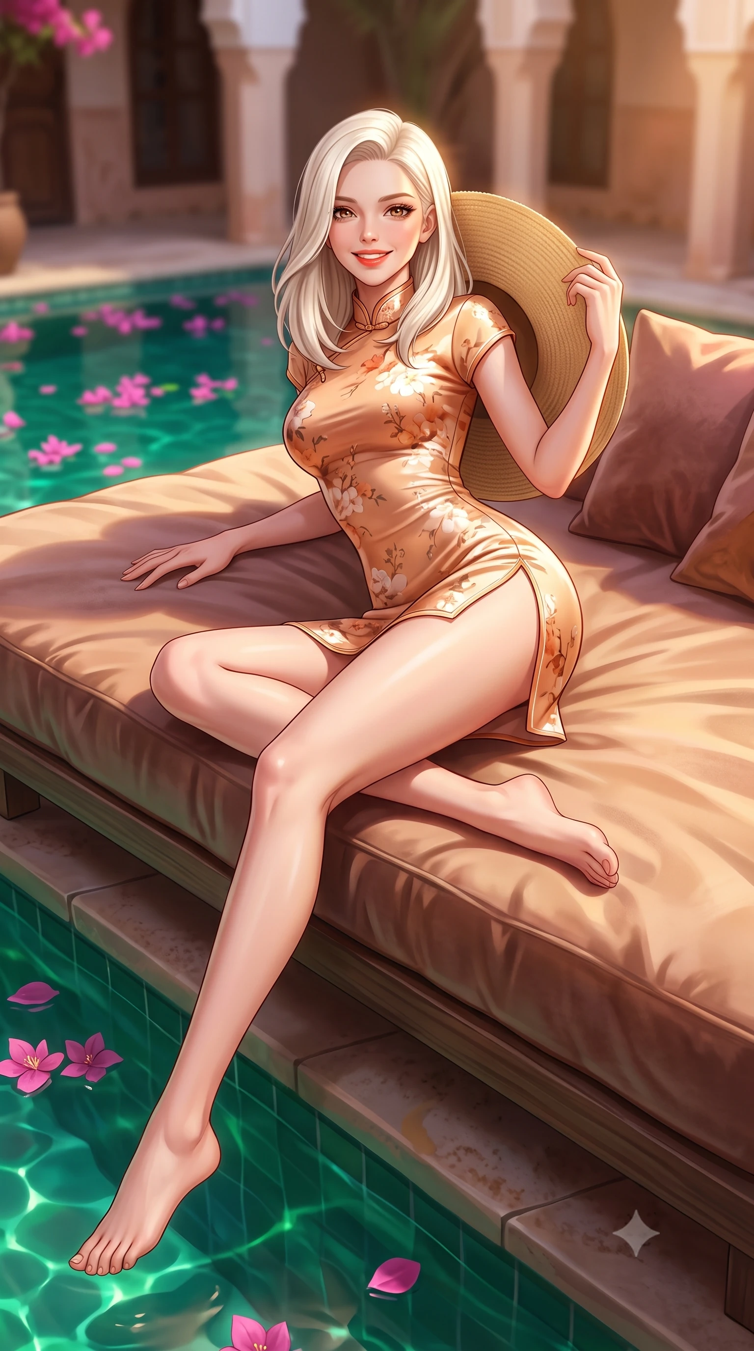 score_9, masterpiece, best quality, ultra-detailed, high-budget anime keyframe, semi-realistic 3D game render, editorial fashion photography, tasteful artistic composition, Caucasian woman. low angle full-body shot from head to toe showing her feet, filling the entire 9:16 vertical frame with her statuesque presence, stretching her vertical silhouette. reclining languidly on her side across the outdoor daybed with one knee drawn up, her radiant smile and arched hip curve commanding the 9:16 vertical frame with youthful sensual charisma while lounging across an oversized velvet-cushioned daybed, one knee drawn up, displaying her long slender limbs and toned flat midriff with regal charm. The composition keeps background elements in soft focus with dreamy creamy bokeh. floating pink bougainvillea petals on the emerald plunge pool surface softened in intimate riad shallow focus. She has an exceptionally tall and slender model-like 8.5-heads proportion, an ultra-slim waist, a flat toned midriff, narrow delicate ribcage, and beautifully sculpted feminine hips creating a graceful, slim hourglass silhouette without any bulky heaviness, with impossibly long slender legs. sharp v-shaped jawline, high-bridge nose, sparkling amber-hazel eyes with depth, long lush eyelashes, glossy sun-kissed lips with a warm coral glaze, radiant teasing smile with sensual sunlit bedroom-eyes, exuding effortless old-money elegance and intoxicating sun-drenched allure, flawlessly proportioned anatomical accuracy, strict slender model proportions, natural body alignment, perfectly sculpted long slender limbs, ultra-slim waistline, clean dynamic posture without body distortion. wearing a modern cute floral silk qipao mini dress with double side slits ascending to the hip in sunset peach tones in warm honey bronze and pearlescent ivory, made of liquid-tight stretch jersey emphasizing every curve of her body, complemented by a wide-brim straw sunhat held casually behind her back, the form-fitting cut adhering flawlessly to her sculpted flat midriff and slender torso, emphasizing her long leg lines and perfectly proportioned willowy build. illuminated by emerald pool water caustic reflections and golden sunset rim light carving her razor-sharp jawline, narrow waist, and curvy hips. highly saturated vibrant anime colors, detailed shading with soft gradients, rich glossy textures, high-contrast stereoscopic depth, volumetric dynamic lighting, master piece, 9:16 ratio
