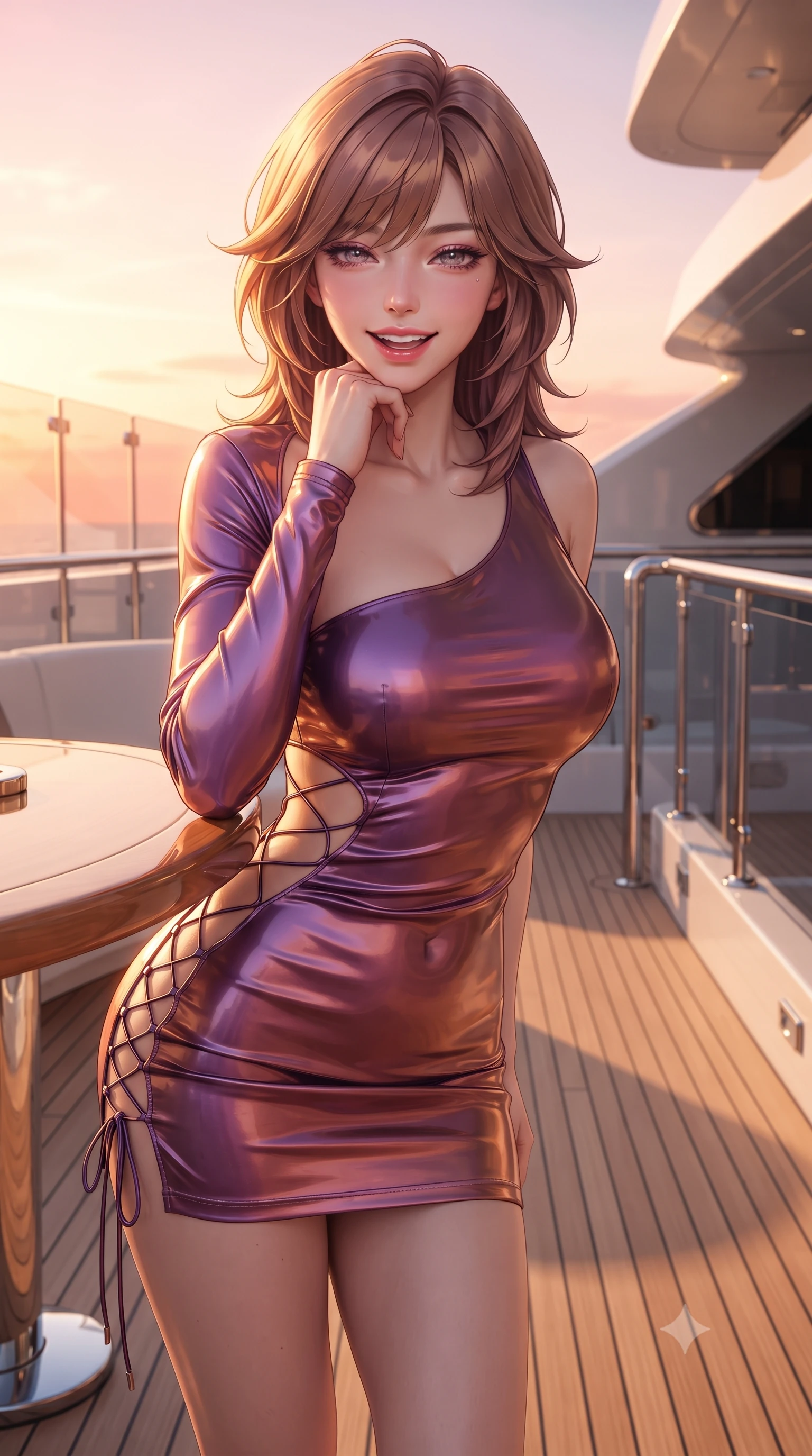 score_9, masterpiece, best quality, ultra-detailed, high-budget anime keyframe, editorial fashion photography, tasteful artistic composition, Korean woman. close-up cowboy shot from the waist and thighs up, the character dominates the composition, filling the frame with her large presence. resting one elbow on the table and supporting her chin, leaning close to the camera with heavy-lidded sparkling eyes and parted lips while twisting her slender torso in an alluring contrapposto stance beside the teak sun loungers, golden hour light caressing her sculpted flat midriff and hips. The surrounding environment is rendered in vivid detail and crisp panoramic clarity: sharp natural teak deck plank caulking seams, polished stainless steel stanchion joints, and clear glass balustrade edges in deep focus. She has an exceptionally elegant, slender, and willowy female figure with an ultra-slim waist, flat toned midriff, narrow ribcage, and sculpted feminine hips creating an alluring, slim hourglass silhouette without bulk. sharp v-shaped jawline, high-bridge nose, intricate jewel-like sparkling eyes with depth, thick eyelashes, glossy parted lips with a natural peach sheen, bright cheerful beaming smile with an enchanting and coquettish sensual glint, exuding both youthful cute charm and seductive allure, flawlessly proportioned anatomical accuracy, strict slender model proportions, natural body alignment, perfectly sculpted long slender limbs, ultra-slim waistline, clean dynamic posture without body distortion. wearing an asymmetrical cut-out tech-couture mini dress with one long sleeve, bare shoulder, and side-waist cutouts in Mirage sunset amethyst purple and warm bronze, crafted from high-tensile reflective patent leather with sleek specular highlights, featuring fine criss-cross lace-up side ties revealing tantalizing glimpses of her hip curve, the second-skin tailored fabric adhering flawlessly to her sculpted flat midriff and slender torso, emphasizing her long leg lines and perfectly proportioned willowy build. bathed in the breathtaking 3000K golden hour sunlight transitioning into saturated crimson-coral twilight. ultra-reflective glossy finish, specular highlights, rich textural contrasts, high-contrast stereoscopic depth, volumetric dynamic lighting, 2k, ultra detail, master piece, 9:16 ratio