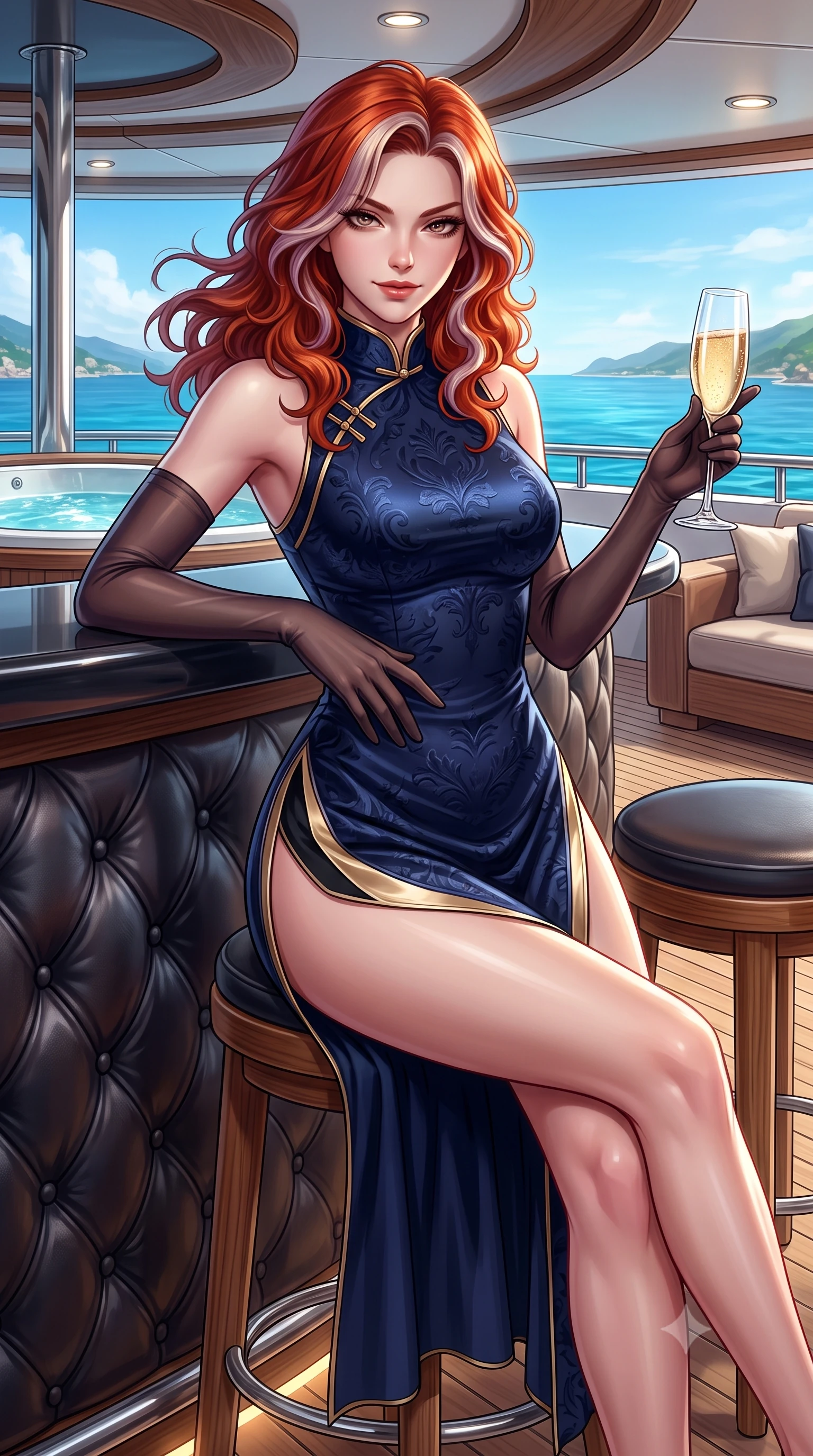 score_9, masterpiece, best quality, ultra-detailed, high-budget anime keyframe, editorial fashion photography, tasteful artistic composition, Caucasian woman. close-up cowboy shot from the waist and thighs up, the character dominates the composition, filling the frame with her large presence. leaning back against the leather lounge with relaxed seductive grace, one hand resting on her flat midriff as her narrow waist and curvy hips command the frame while sitting on a high teak stool at the yacht's outdoor bar, holding a champagne flute while flashing a radiant, dangerous smoldering smile. The surrounding environment is rendered in vivid detail and crisp panoramic clarity. detailed fluid gown texture, ocean breeze in hair, and superyacht naval architecture in high resolution. She has an exceptionally elegant, slender, and willowy female figure with an ultra-slim waist, flat toned midriff, narrow ribcage, and sculpted feminine hips creating an alluring, slim hourglass silhouette without bulk. sharp v-shaped jawline, high-bridge nose, intricate jewel-like dark sparkling eyes with dangerous depth, thick curled eyelashes, glossy parted lips with a rich wine sheen, smoldering seductive half-smile with bedroom-eyes, exuding effortless superiority and intoxicating dark allure, flawlessly proportioned anatomical accuracy, strict slender model proportions, natural body alignment, perfectly sculpted long slender limbs, ultra-slim waistline, clean dynamic posture without body distortion. wearing a modern tailored cheongsam mini dress in midnight navy jacquard silk with dramatic side hip slits in midnight jet-black and liquid champagne gold, tailored from rich silk jacquard with subtle embossed baroque patterns, complemented by sheer dark opera gloves reaching past her elbows, the glove-like silhouette tightly following the natural contour of her hips and long slender legs with youthful 8.5-heads elegance. illuminated by subtle jacuzzi underglow and sharp platinum rim lights carving her sculpted collarbones, ultra-slim waist, and curvy hips. ultra-reflective glossy finish, specular highlights, rich textural contrasts, high-contrast stereoscopic depth, volumetric dynamic lighting, 2k, ultra detail, master piece, 9:16 ratio