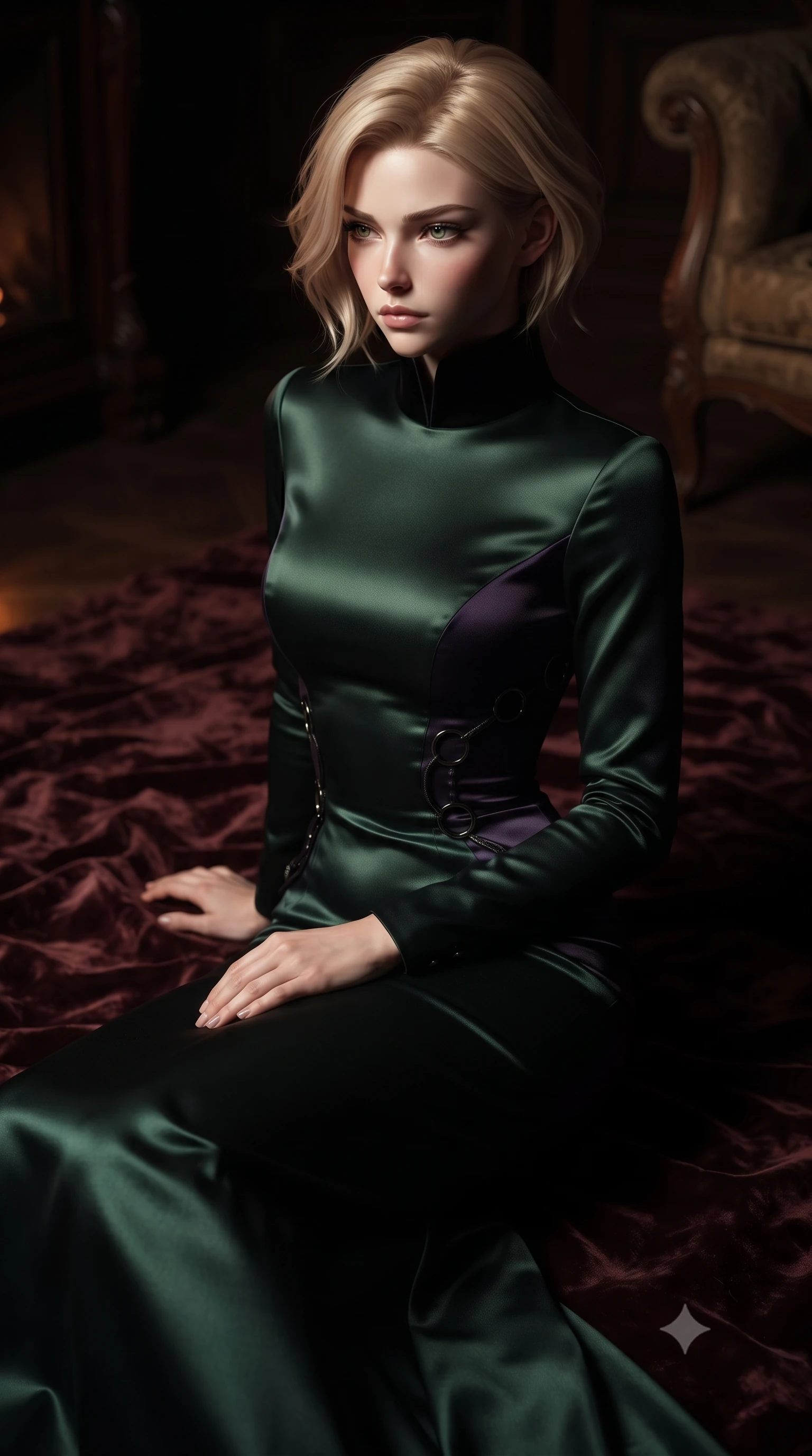 score_9, masterpiece, best quality, ultra-detailed, high-budget anime keyframe, editorial fashion photography, tasteful artistic composition, Caucasian woman. close-up cowboy shot from the waist and thighs up, the character dominates the composition, filling the frame with her large presence, background elements kept in soft focus. Casting a slow, direct gaze beneath heavy lashes with quiet intensity, looking into the crackling firelight with a composed, thoughtful expression, crushed velvet rug swallowing surrounding light into soft warm shadows. She has an exceptionally elegant, slender, and willowy female figure with an ultra-slim waist, a gracefully sculpted slender torso, and a refined silhouette. sharp v-shaped jawline, high-bridge nose, intricate jewel-like eyes with depth, thick eyelashes, glossy lips with a natural sheen. wearing long-sleeved dark emerald satin gown with high structured collar in pitch-black onyx, made of iridescent dark violet taffeta, trimmed with dark chrome ring hardware along the waist contours, accentuating her gracefully sculpted slender torso. bathed in dramatic chiaroscuro with deep mahogany shadows swallowing background. ultra-reflective glossy finish, specular highlights, metallic sheen, high-contrast stereoscopic depth, volumetric dynamic lighting, 2k, ultra detail, master piece, 9:16 ratio
