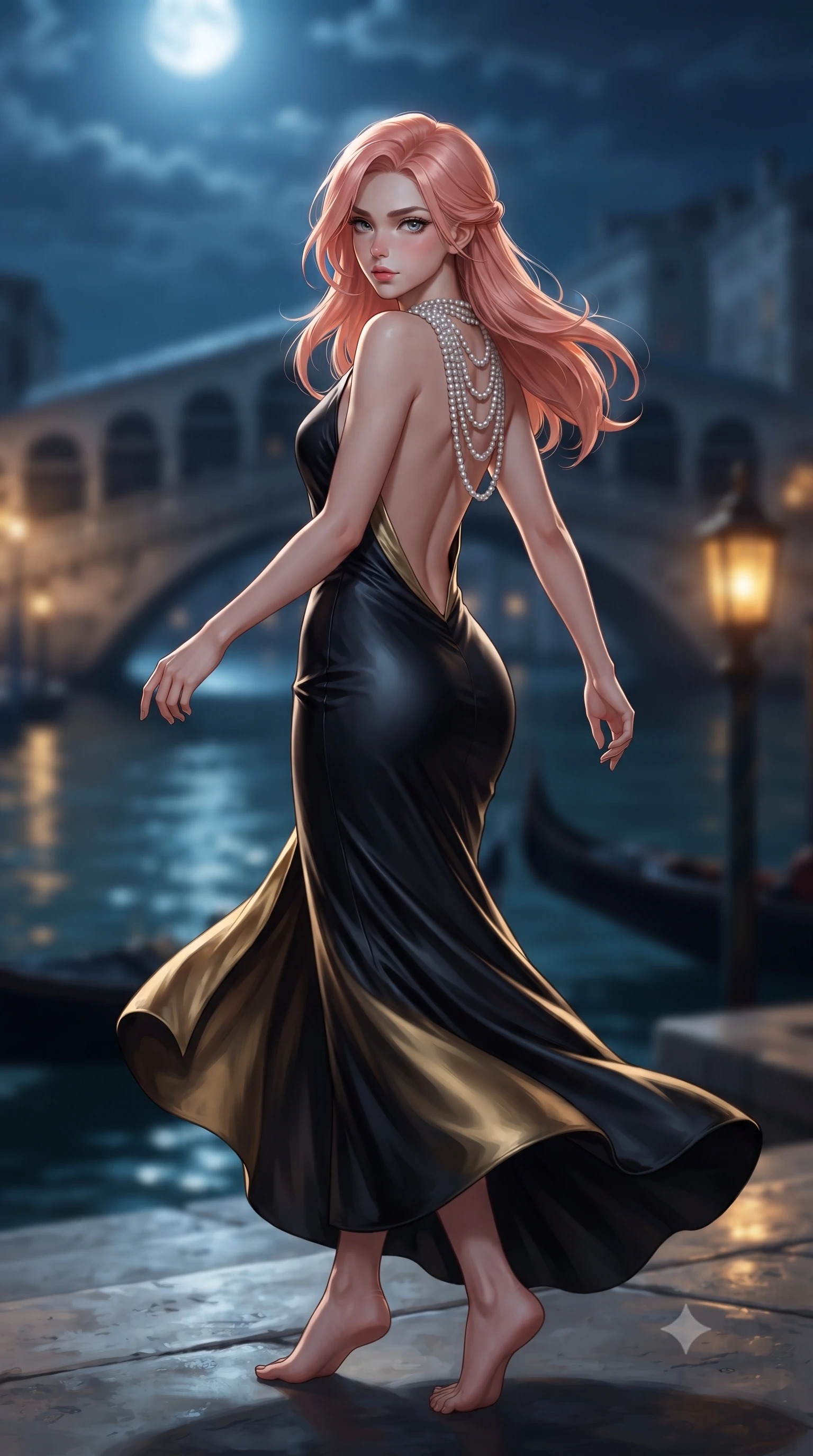 score_9, masterpiece, best quality, ultra-detailed, high-budget anime keyframe, editorial fashion photography, tasteful artistic composition, Japanese woman. low angle full-body shot from head to toe showing her feet, filling the entire 9:16 vertical frame with her statuesque presence, stretching her vertical silhouette. executing an elegant mid-motion pivot turn as garments swirl around her slender limbs, glancing over her shoulder with an intoxicating bedroom-gaze while gliding down the grand palace water steps with supermodel poise, her liquid dress clinging to her narrow waist and rounded hips in the moonlight. The composition keeps background elements in soft focus with creamy bokeh. moonlit Grand Canal waters and distant Venetian palazzo arches blurred into deep sapphire, antique gold, and emerald bokeh. She has an exceptionally tall and slender model-like 8.5-heads proportion, an ultra-slim waist, a flat toned midriff, narrow delicate ribcage, and beautifully sculpted feminine hips creating a graceful, slim hourglass silhouette without any bulky heaviness, with impossibly long slender legs. sharp v-shaped jawline, high-bridge nose, intricate jewel-like eyes with depth, thick eyelashes, glossy parted lips with a natural sheen, intensely captivating and seductive bedroom-eyes expression, flawlessly proportioned anatomical accuracy, strict slender model proportions, natural body alignment, perfectly sculpted long slender limbs, ultra-slim waistline, clean dynamic posture without body distortion. wearing a liquid-silk jersey evening gown with an ultra-deep plunging open back descending to the base of her spine and a sculpted hip-hugging skirt in midnight obsidian black and liquid gold, crafted from second-skin supple lambskin leather with liquid drape, accented with a multi-strand pearl back necklace cascading down her bare spine to her hips, the dramatically scooped open back descending to the base of her spine, accentuating her razor-sharp statuesque lines and slim hourglass silhouette. bathed in cool silver full-moon light streaming from above and warm amber gondola lantern uplights. ultra-reflective glossy finish, specular highlights, rich textural contrasts, high-contrast stereoscopic depth, volumetric dynamic lighting, 2k, ultra detail, master piece, 9:16 ratio