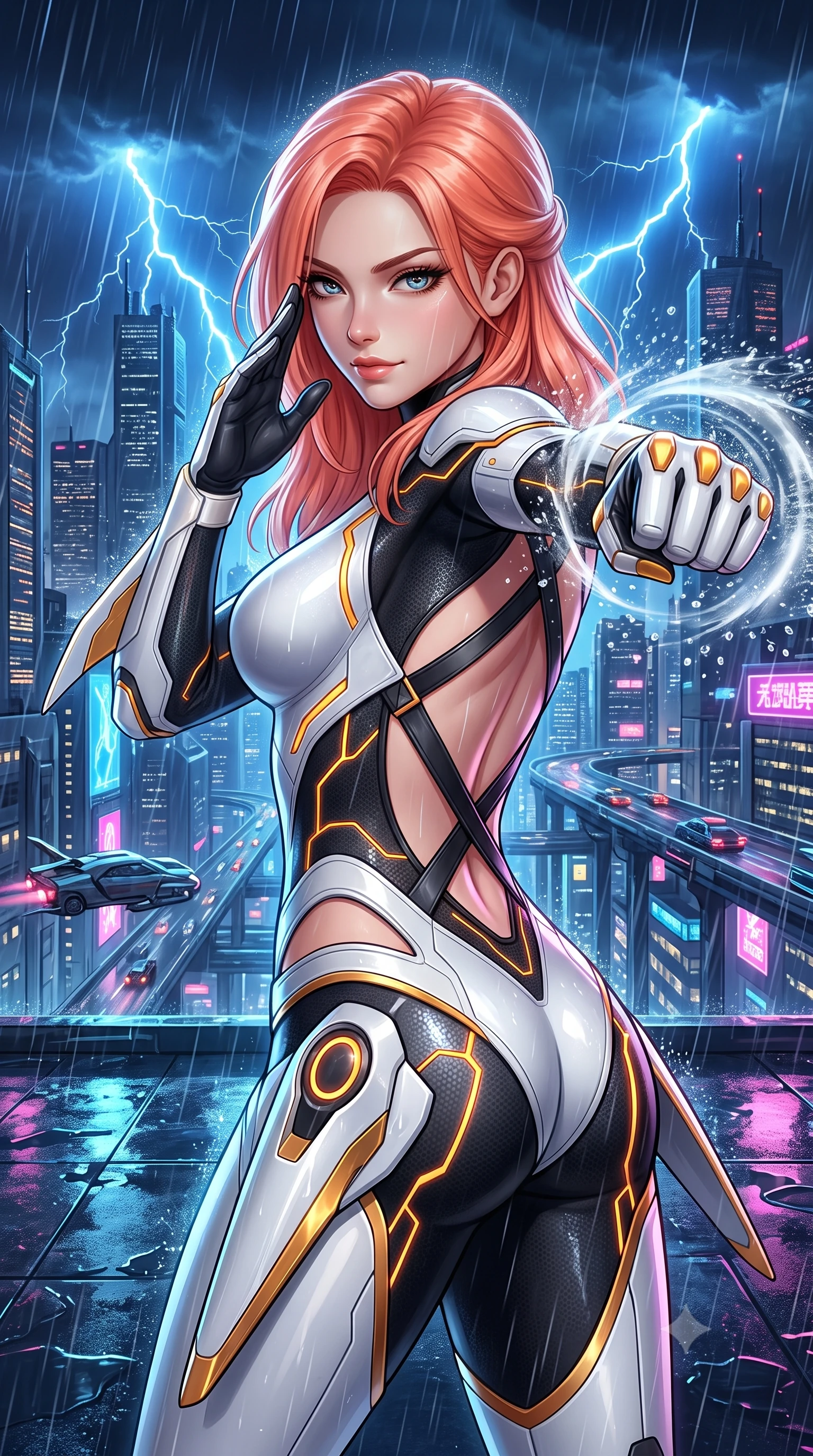 score_9, masterpiece, best quality, ultra-detailed, high-budget anime keyframe, semi-realistic 3D game render, editorial fashion photography, tasteful artistic composition, Japanese woman. close-up cowboy shot from the waist and thighs up, the character dominates the composition, filling the frame with her large presence. resting one hand in a defensive deflective posture while glancing over her shoulder with thick eyelashes and a confident, smoldering combat half-smile while delivering a lightning-fast kinetic punch on a rain-swept skyscraper rooftop, generating a visible conical air-distortion shockwave. The surrounding environment is rendered in vivid detail and crisp panoramic clarity. high-contrast storm chiaroscuro and atmospheric cyberpunk urban textures captured with precision. She has an exceptionally elegant, slender, and willowy female figure with an ultra-slim waist, a gracefully sculpted slender torso, toned flat midriff, and a refined slim silhouette. sharp v-shaped jawline, high-bridge nose, intricate jewel-like eyes with depth, thick eyelashes, glossy lips with a natural sheen, flawlessly proportioned anatomical accuracy, strict slender model proportions, natural body alignment, perfectly sculpted long slender limbs, ultra-slim waistline, clean dynamic posture without body distortion. wearing a high-contrast monochrome white-and-black carbon-composite exoskeleton suit with glowing amber circuitry and aerodynamic limb fins in arctic white carbon composite with radiant solar gold plating, crafted from semi-translucent cybernetic carbon-vinyl interwoven with glowing micro-filaments, complemented by criss-cross back harness straps highlighting her completely bare spine, the precision-cut daring openings accentuating her delicate midriff, graceful bare collarbones, and ultra-slim feminine waistline. bathed in dramatic blue lightning flashes and vibrant neon city ambient reflections. rich saturated anime colors with glowing neon highlights, detailed shading with soft gradients, rich glossy textures, high-contrast stereoscopic depth, volumetric dynamic lighting, master piece, 9:16 ratio