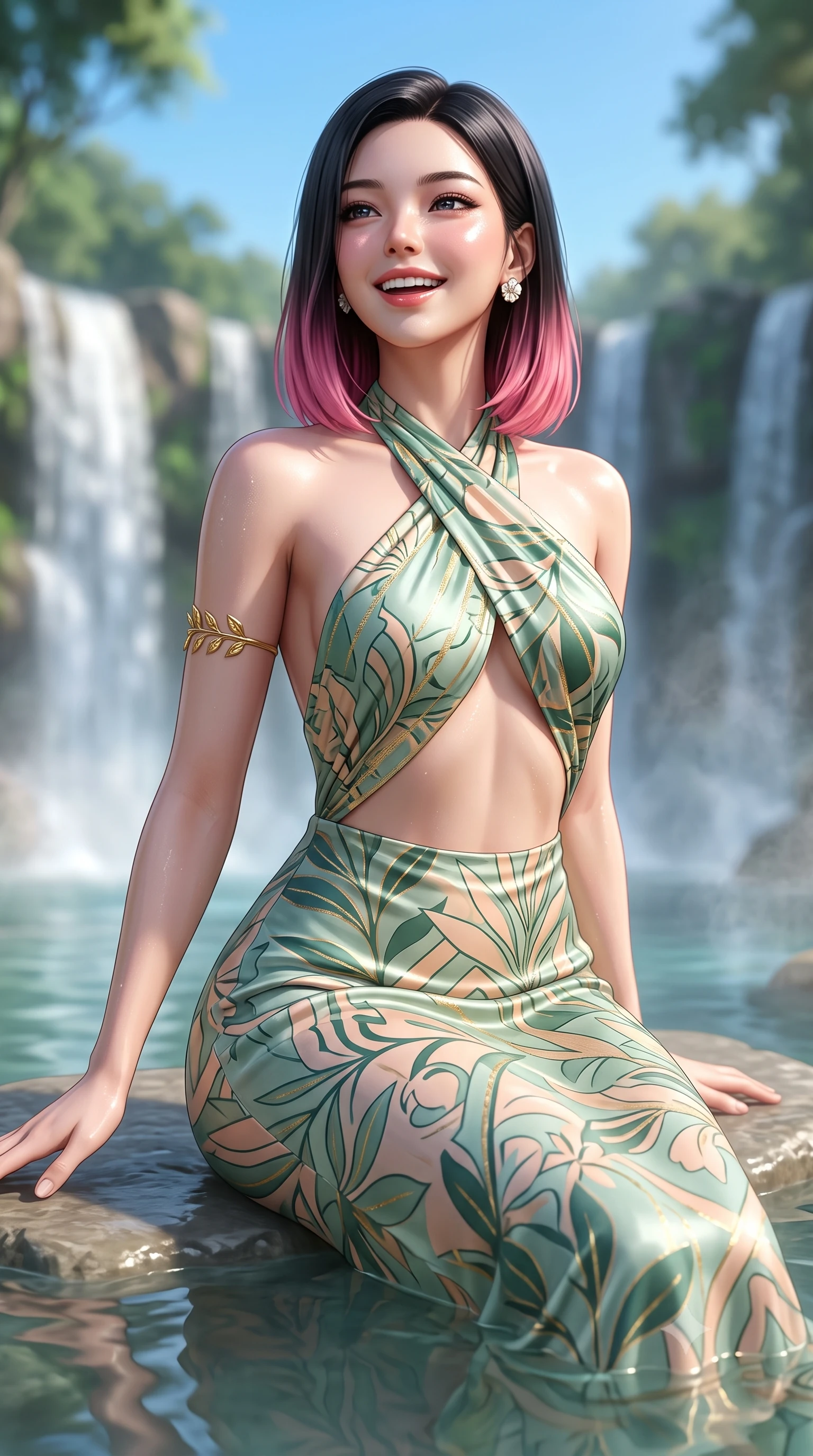score_9, masterpiece, best quality, ultra-detailed, high-budget anime keyframe, semi-realistic 3D game render, editorial fashion photography, tasteful artistic composition, Korean woman. close-up cowboy shot from the waist and thighs up, the character dominates the composition, filling the frame with her large presence. laughing softly with enchanting, forbidden warmth, parted lips glistening as specular highlights illuminate her sculpted cheeks while resting on a submerged stone bench as warm water caresses her waist, head tilted back toward the open azure sky. The composition keeps background elements in soft focus with creamy bokeh. cascading canopy waterfalls and rising water vapors softened in cinematic atmospheric depth. She has an exceptionally elegant, slender, and willowy female figure with an ultra-slim waist, a gracefully sculpted slender torso, toned flat midriff, and a refined slim silhouette. sharp v-shaped jawline, high-bridge nose, intricate jewel-like eyes with depth, thick eyelashes, glossy parted lips with a natural sheen, intensely captivating and seductive expression, flawlessly proportioned anatomical accuracy, strict slender model proportions, natural body alignment, perfectly sculpted long slender limbs, ultra-slim waistline, clean dynamic posture without body distortion. wearing an open-waist botanical print silk maxi gown with crossed halter straps and bare back in eucalyptus mint green and pale peach, woven from fine organic mulberry silk with metallic gold thread, complemented by a delicate golden leaf armlet and mother-of-pearl earrings, the form-contouring material adhering flawlessly to her sculpted flat midriff and slender torso, emphasizing her long leg lines and perfectly proportioned willowy build. surrounded by a fresh, captivating, and delightfully invigorating summer muse aura. highly saturated vibrant anime colors, detailed shading with soft gradients, rich glossy textures, high-contrast stereoscopic depth, volumetric dynamic lighting, master piece, 9:16 ratio