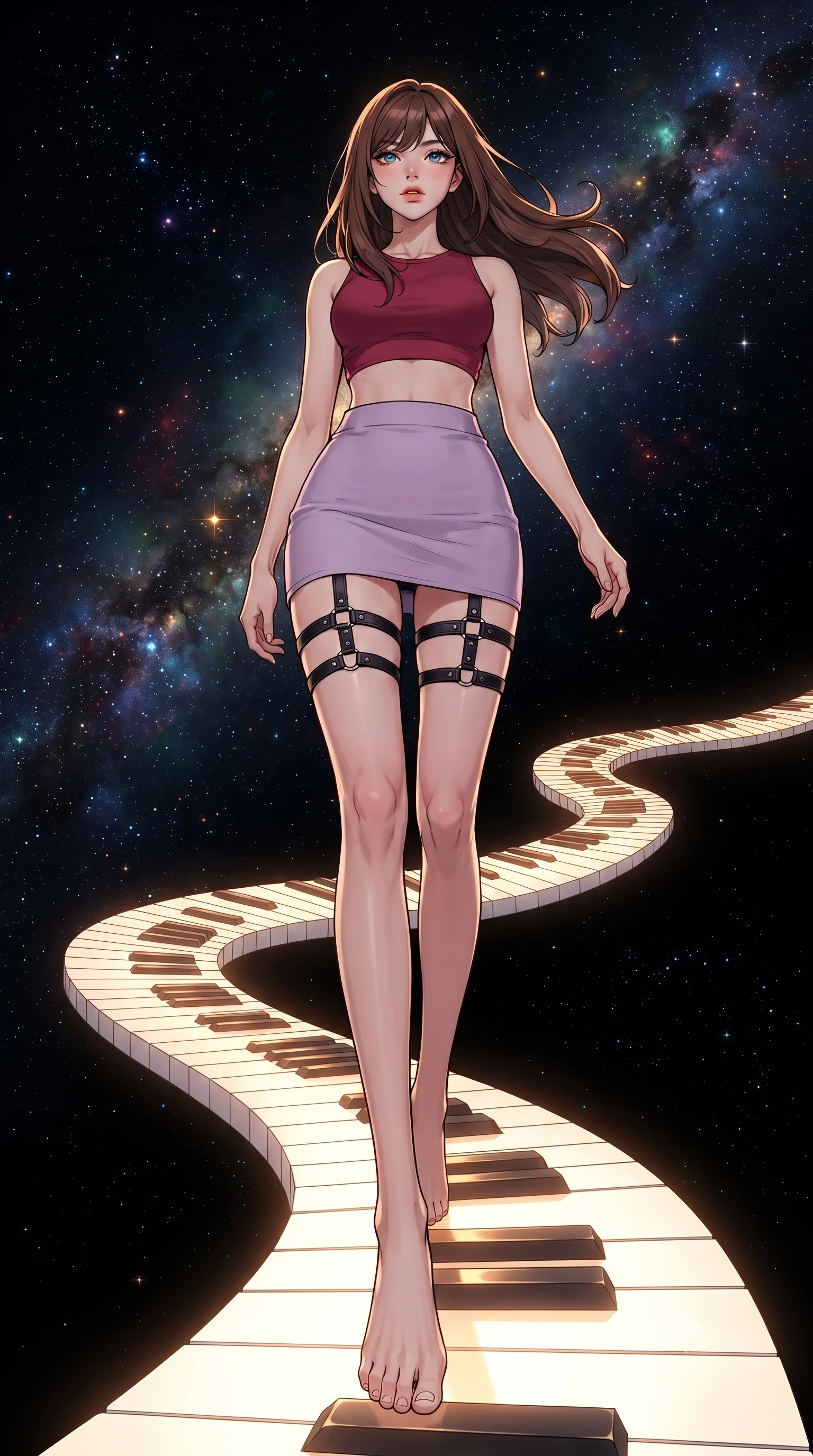 score_9, masterpiece, best quality, ultra-detailed, high-budget anime keyframe, editorial fashion photography, tasteful artistic composition, gorgeous anime illustration, with clean line-art, distinct ink outlines, and high-contrast stereoscopic depth, Korean woman. low angle full-body shot from head to toe showing her feet, filling the entire 9:16 vertical frame with her statuesque presence, stretching her vertical silhouette. navigating with fluid, playful motion through on a floating path of white quartz piano keys that glow with warm golden light when stepped on, winding through a dark starry void. She has a statuesque 8.5-heads proportion, an exceptionally tall, slender and willowy model-like build with impossibly long legs and a highly sculpted ultra-slim waist. sharp v-shaped jawline, high-bridge nose, intricate jewel-like eyes with depth, thick eyelashes, glossy lips with a natural sheen. wearing a matte crimson crop top paired with matching high-waist lavender mini skirt and black leather thigh straps. warm golden light from the glowing keys casting upward illumination against the deep black starlit background. 2k, ultra detail, master piece, 9:16 ratio, highly saturated vibrant anime colors, detailed cel-shading with soft gradients, rich glossy textures, deep contrast, volumetric dynamic lighting, 2d animation style
