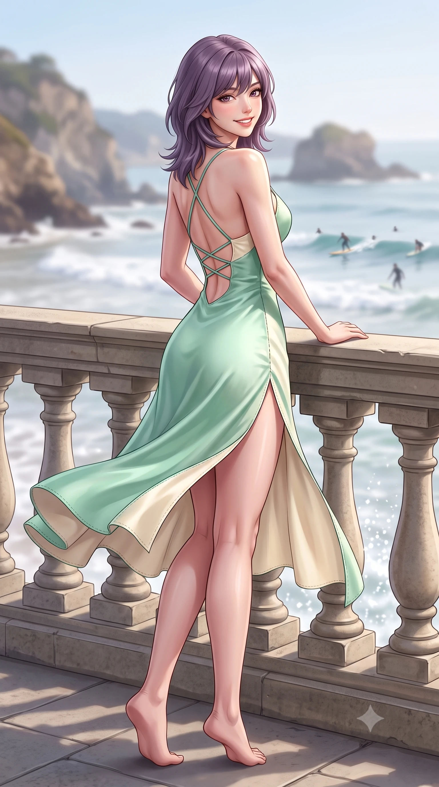 score_9, masterpiece, best quality, ultra-detailed, high-budget anime keyframe, semi-realistic 3D game render, editorial fashion photography, tasteful artistic composition, Japanese woman. low angle full-body shot from head to toe showing her feet, filling the entire 9:16 vertical frame with her statuesque presence, stretching her vertical silhouette. executing a cheerful mid-motion pivot turn as her skirt flutters around her slender legs, glancing over her shoulder with an intoxicating, teasing cute expression while leaning against the Belle Époque stone balustrade with hips cocked back, looking over her shoulder with an alluring, sun-dazed bedroom-gaze. The composition keeps background elements in soft focus with dreamy creamy bokeh. distant rocky cliffs and surfers softened in glamorous French Basque shallow focus. She has an exceptionally tall and slender model-like 8.5-heads proportion, an ultra-slim waist, a flat toned midriff, narrow delicate ribcage, and beautifully sculpted feminine hips creating a graceful, slim hourglass silhouette without any bulky heaviness, with impossibly long slender legs. sharp v-shaped jawline, high-bridge nose, intricate jewel-like sparkling eyes with depth, thick eyelashes, glossy parted lips with a natural peach sheen, bright cheerful beaming smile with an enchanting and coquettish sensual glint, exuding both youthful cute charm and seductive allure, flawlessly proportioned anatomical accuracy, strict slender model proportions, natural body alignment, perfectly sculpted long slender limbs, ultra-slim waistline, clean dynamic posture without body distortion. wearing a breezy silk-satin slip dress featuring a thigh-high side slit ascending to the high hip and criss-cross back straps in refreshing mint green and soft vanilla cream, crafted from soft cozy cashmere yarn with an airy drape, finished with criss-cross back satin straps highlighting her graceful shoulder blades, the form-contouring cut accentuating her sculpted flat midriff, narrow delicate ribcage, and gracefully curvy hips with supermodel precision. illuminated by sparkling sea foam reflections sharply sculpting her razor-sharp jawline, narrow waist, and curvy hips. highly saturated vibrant anime colors, detailed shading with soft gradients, rich glossy textures, high-contrast stereoscopic depth, volumetric dynamic lighting, master piece, 9:16 ratio