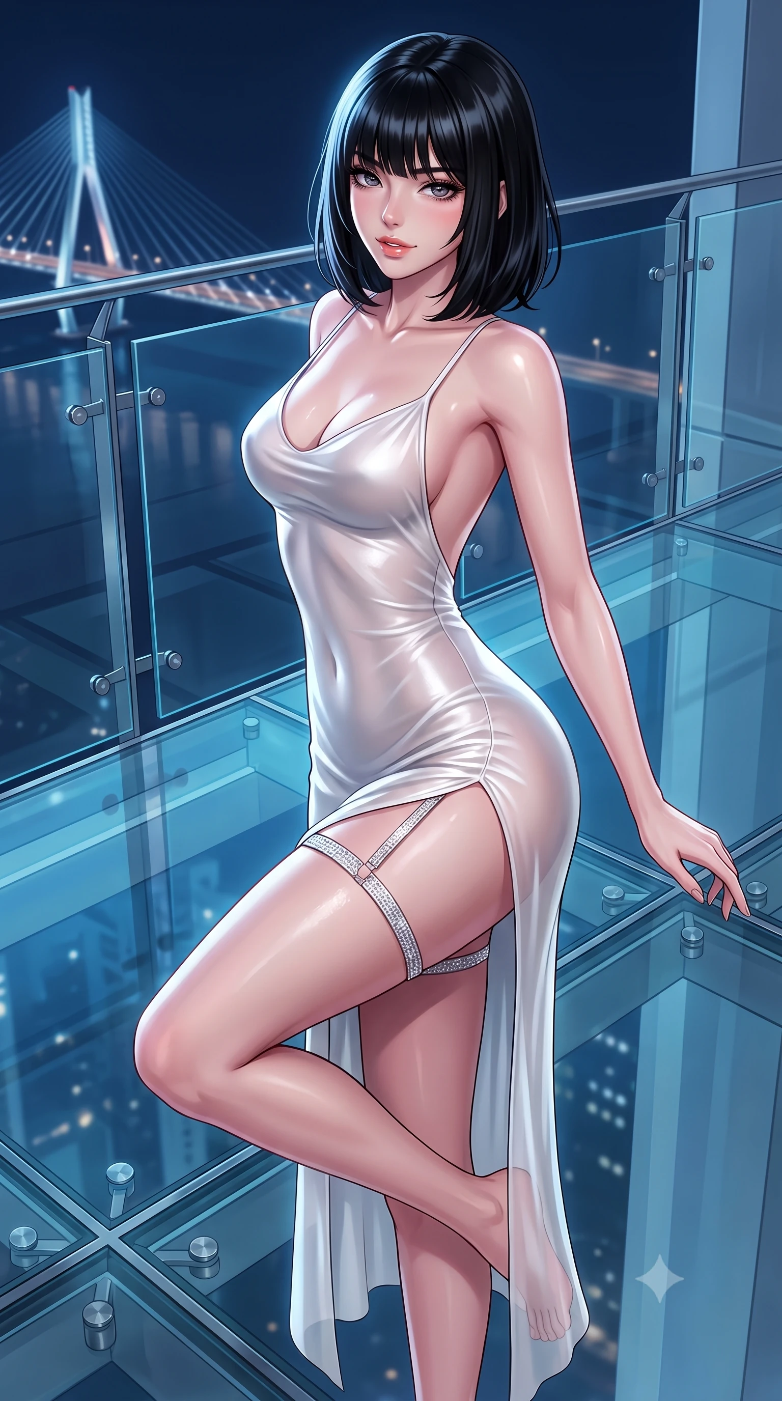 score_9, masterpiece, best quality, ultra-detailed, high-budget anime keyframe, semi-realistic 3D game render, editorial fashion photography, tasteful artistic composition, Caucasian woman. close-up cowboy shot from the waist and thighs up, the character dominates the composition, filling the frame with her large presence. perched sideways on the lounge seat, one knee drawn up to showcase her slender leg line while her arched back accentuates her feminine hip curve while standing poised on the transparent glass balcony suspended sixty stories in the air, arching her back with breathless supermodel daring. The surrounding environment is rendered in vivid detail and crisp panoramic clarity: sharp glass floor panel seams, stainless steel spider clamps, and distant bridge cable lights in deep focus. She has an exceptionally elegant, slender, and willowy female figure with an ultra-slim waist, flat toned midriff, narrow ribcage, and sculpted feminine hips creating an alluring, slim hourglass silhouette without bulk. sharp v-shaped jawline, high-bridge nose, sparkling eyes with hypnotic seductive depth, thick curled eyelashes, glossy parted lips with a natural dewy peach sheen, alluring bedroom-eyes with an enchanting coquettish smile, exuding magnetic siren charisma and sophisticated glamour, flawlessly proportioned anatomical accuracy, strict slender model proportions, natural body alignment, perfectly sculpted long slender limbs, ultra-slim waistline, clean dynamic posture without body distortion. wearing a form-contouring gossamer silk chiffon slip dress with a hip-high slit and open back, clinging smoothly with dewy moisture in pure pearl alabaster with liquid platinum sheen, made of semi-opaque stretch illusion mesh with soft shadowy contours, finished with delicate crystal-encrusted thigh garter straps glinting under the lights, the liquid-tight tailored fabric clinging flawlessly to her narrow waist and rounded feminine hips, emphasizing every millimeter of her sculpted slim hourglass curves without any bulky heaviness. bathed in exterior architectural facade floodlights combined with cool midnight delta breeze ambient fill. highly saturated vibrant anime colors, detailed shading with soft gradients, rich glossy textures, high-contrast stereoscopic depth, volumetric dynamic lighting, master piece, 9:16 ratio