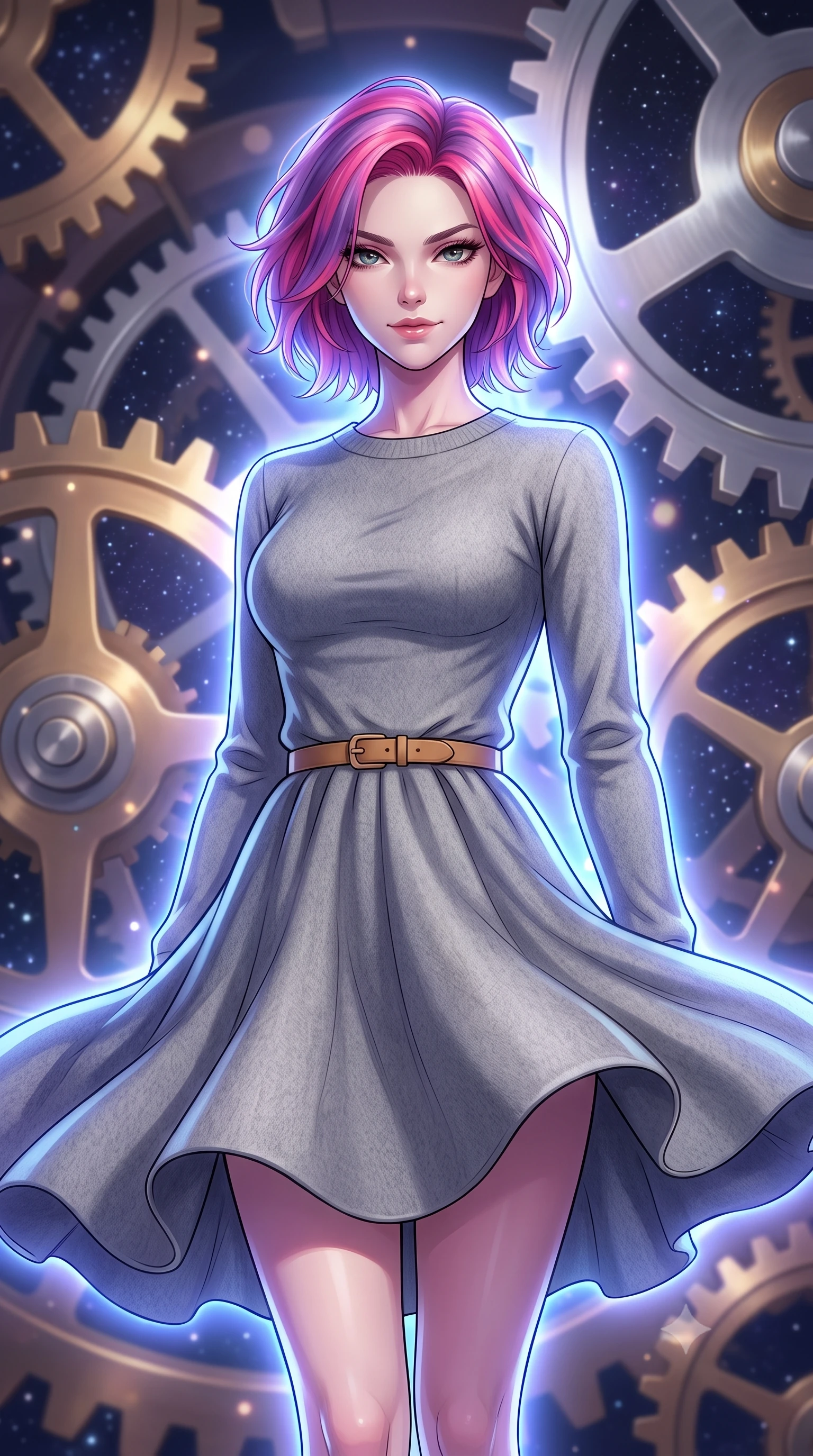 score_9, masterpiece, best quality, ultra-detailed, high-budget anime keyframe, clean line-art, cel-shading, Caucasian woman, strictly human ears. close-up cowboy shot from the waist and thighs up, the character dominates the composition, filling the frame with her large presence, background elements kept in soft focus. Looking down at the opponent with quiet, menacing intensity and a cold half-smile. set against a soft-focus background of inside a cosmic clockwork mechanism, with massive brass and silver gears rotating slowly, starfields visible between teeth. She has an exceptionally elegant and slender, willowy female figure with an ultra-slim waist, a gracefully sculpted slender torso, and a refined slim physique. sharp v-shaped jawline, high-bridge nose, intricate jewel-like eyes with depth, thick eyelashes, glossy lips with a natural sheen. wearing the lightweight fabric rippling and billowing dramatically with her movement, a tailored soft grey wool-blend sweater dress with long sleeves, paired with a thin camel-colored leather belt. cool ethereal blue-violet bioluminescent glow wrapping around her from all sides. highly saturated vibrant anime colors, intense vivid color palette, volumetric dynamic lighting, 2k, ultra detail, master piece, 9:16 ratio