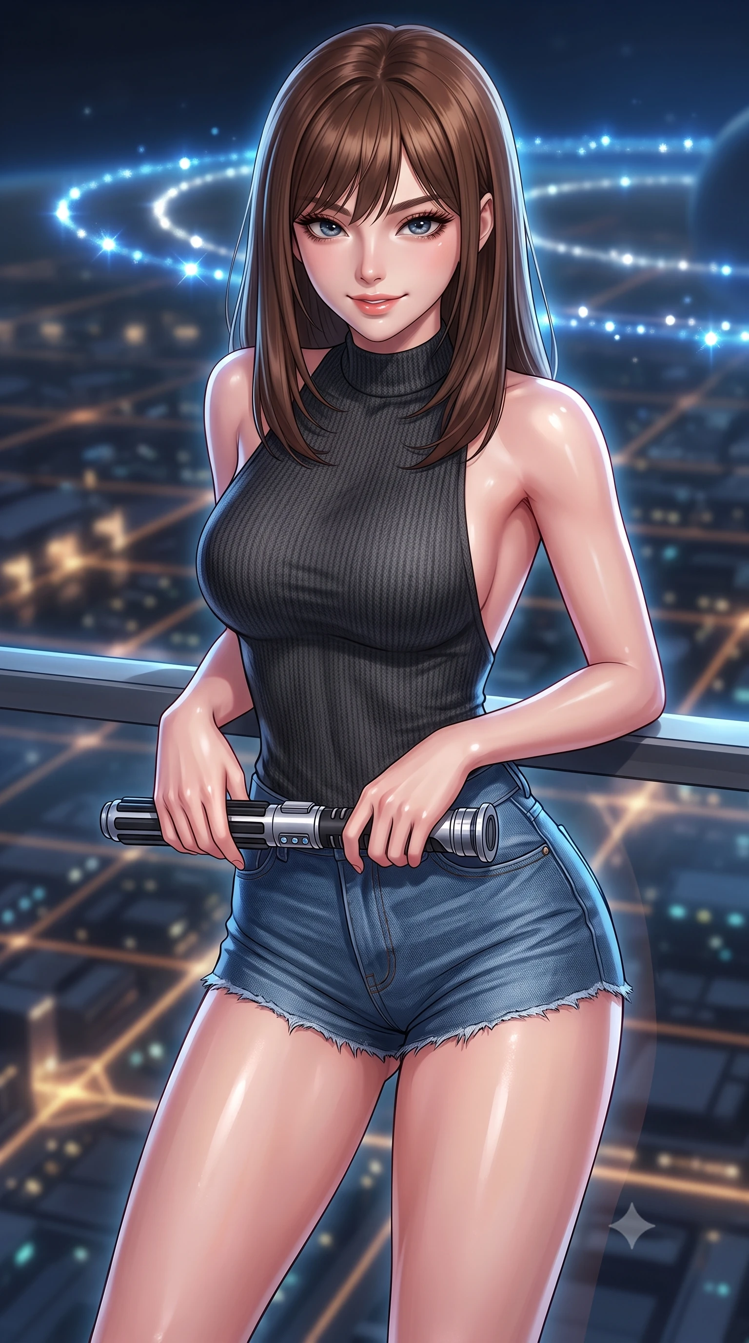 score_9, masterpiece, best quality, ultra-detailed, high-budget anime keyframe, editorial fashion photography, tasteful artistic composition, Korean woman. close-up cowboy shot from the waist and thighs up, the character dominates the composition, filling the frame with her large presence, background elements kept in soft focus. leaning slightly forward with a playful, teasing smile while holding a deactivated plasma saber hilt, the background shows a soft-focus a citadel balcony overlooking the glowing grid of a planetary dock yard. She has an exceptionally elegant, slender, and willowy female figure with an ultra-slim waist, a gracefully sculpted slender torso, and a refined silhouette. sharp v-shaped jawline, high-bridge nose, intricate jewel-like eyes with depth, thick eyelashes, glossy lips with a natural sheen. wearing a slim-fit backless carbon-fiber knit top in charcoal wool, paired with high-waisted denim micro-shorts. glittering blue and white orbital dock lights tracing her silhouette. highly saturated vibrant anime colors, detailed shading with soft gradients, rich glossy textures, high-contrast stereoscopic depth, volumetric dynamic lighting, master piece, 9:16 ratio
