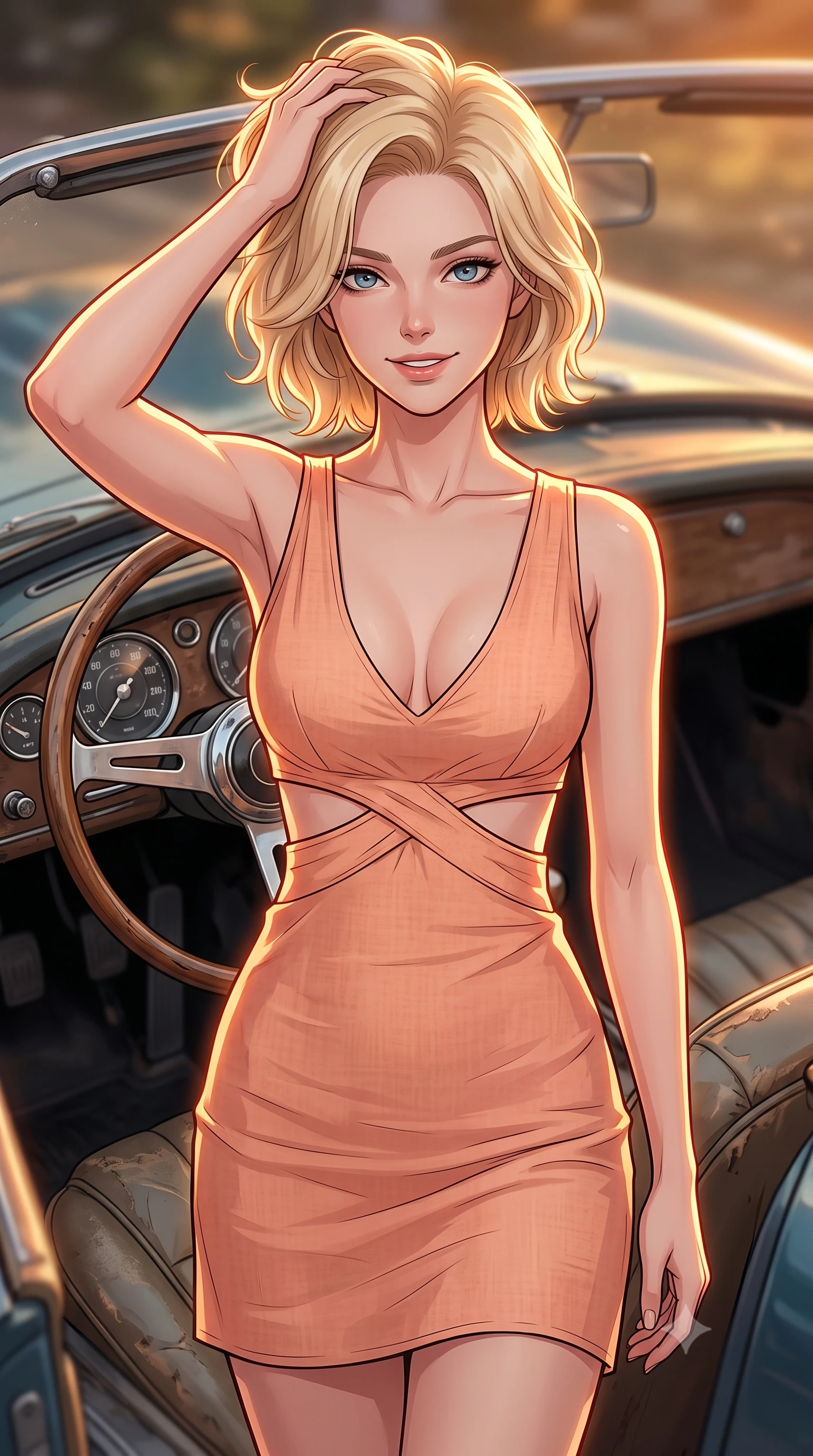 score_9, masterpiece, best quality, ultra-detailed, high-budget anime keyframe, tasteful artistic composition, Caucasian woman. close-up cowboy shot from the waist and thighs up, the character dominates the composition, filling the frame with her large presence, background elements kept in soft focus. smiling with quiet, magnetic self-assurance directly into the camera, running a hand through her hair the background shows a soft-focus the driver seat of a classic roadster with wooden steering wheel and chrome dials. She has an exceptionally elegant, slender, and willowy female figure with an ultra-slim waist, a gracefully sculpted slender torso, and a refined silhouette. sharp v-shaped jawline, high-bridge nose, intricate jewel-like eyes with depth, thick eyelashes, glossy lips with a natural sheen. wearing a slim-fit summer sundress with double waist cutouts and a plunging neckline in peach linen. warm golden hour light tracing her silhouette with a soft glowing rim light. highly saturated vibrant anime colors, cel-shading, 2d style, master piece, 9:16 ratio