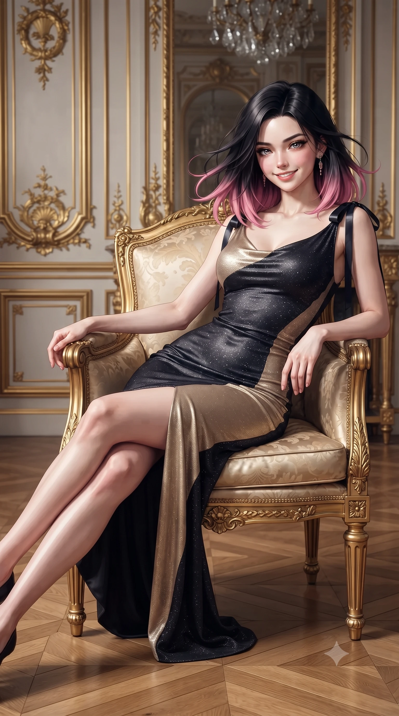 score_9, masterpiece, best quality, ultra-detailed, high-budget anime keyframe, editorial fashion photography, tasteful artistic composition, Korean woman. close-up cowboy shot from the waist and thighs up, the character dominates the composition, filling the frame with her large presence. turning slowly with an enchanting smoldering smile, her glossy hair tossing in the breeze as her hips angle gracefully in a captivating contrapposto while lounging gracefully in the gilded Louis XVI bergère chair propped on one elbow with legs extended, displaying her long slender limbs and statuesque hourglass silhouette. The surrounding environment is rendered in vivid detail and crisp panoramic clarity: sharp hand-carved gilded boiserie wreaths, chevron oak parquet wood grain, and leaded crystal chandelier facets in deep focus. She has an exceptionally elegant, slender, and willowy female figure with an ultra-slim waist, flat toned midriff, narrow ribcage, and sculpted feminine hips creating an alluring, slim hourglass silhouette without bulk. sharp v-shaped jawline, high-bridge nose, intricate jewel-like sparkling eyes with depth, thick eyelashes, glossy parted lips with a natural peach sheen, bright cheerful beaming smile with an enchanting and coquettish sensual glint, exuding both youthful cute charm and seductive allure, flawlessly proportioned anatomical accuracy, strict slender model proportions, natural body alignment, perfectly sculpted long slender limbs, ultra-slim waistline, clean dynamic posture without body distortion. wearing a form-fitting Scottish Highlands liquid silk jersey evening dress clinging smoothly to her narrow waist and rounded hips in deep midnight obsidian black and champagne gold, woven from stretch metallic lurex jersey casting radiant starlight glints across her curves, finished with satin ribbon ties at the shoulders fluttering in the gentle breeze, the impeccably tailored cut draping gracefully along her slender figure with aristocratic poise. illuminated by mirror reflection fill and sharp champagne-gold rim lights sculpting her jawline, narrow waist, and curvy hips. ultra-reflective glossy finish, specular highlights, rich textural contrasts, high-contrast stereoscopic depth, volumetric dynamic lighting, 2k, ultra detail, master piece, 9:16 ratio