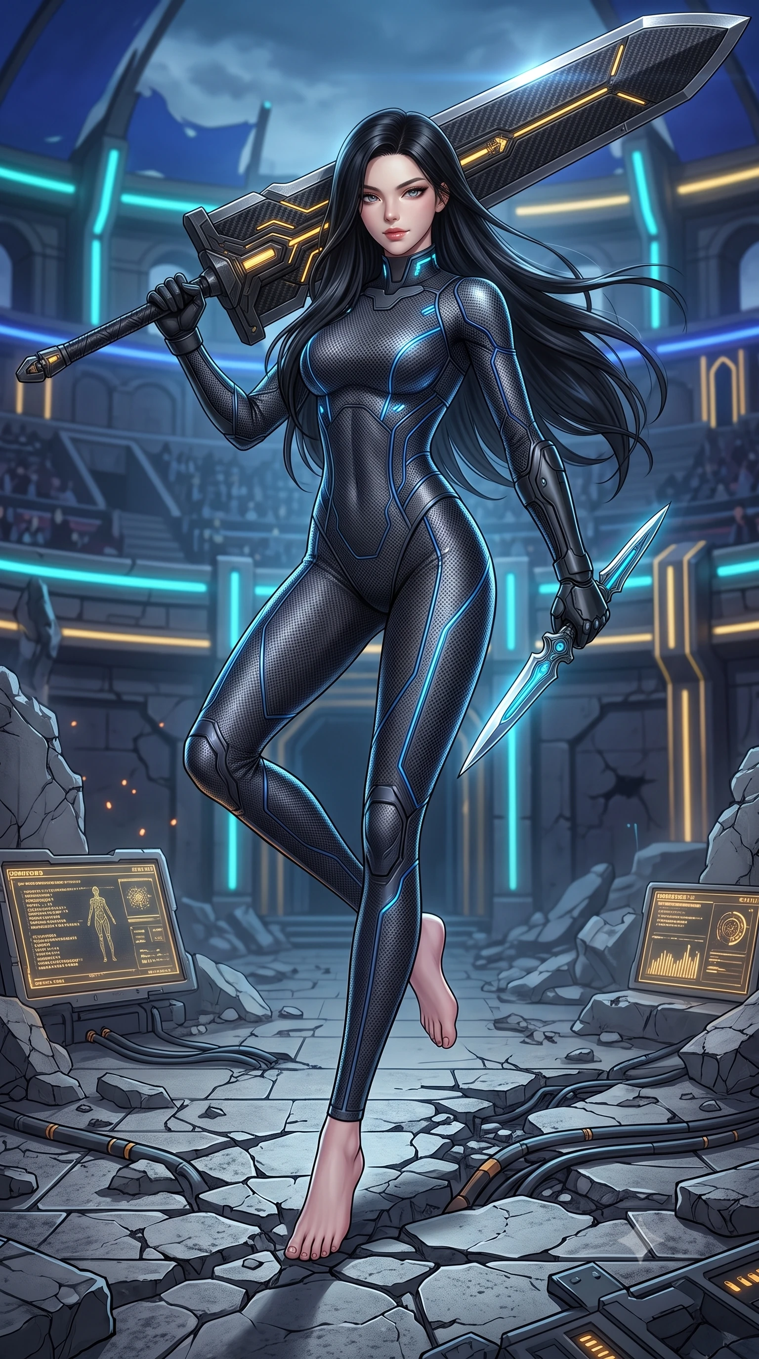 score_9, masterpiece, best quality, ultra-detailed, high-budget anime keyframe, semi-realistic 3D game render, editorial fashion photography, tasteful artistic composition, Korean woman. low angle full-body shot from head to toe showing her feet, filling the entire 9:16 vertical frame with her statuesque presence, stretching her vertical silhouette. performing an alluring mid-air combat landing with flawless poise, looking directly into the camera with regal, deadly intensity while standing victorious on the shattered rubble of a cybernetic colosseum arena with a massive carbon greatsword resting on her shoulder. The surrounding environment is rendered in vivid detail and crisp panoramic clarity. detailed carbon-composite sword fuller weave, glowing golden power conduits, and cracked arena stone in deep focus. She has an absolutely perfect, statuesque 8.5-heads proportion, an exceptionally tall and slender model-like female figure with impossibly long slender legs, a toned flat midriff, and an ultra-slim waist. sharp v-shaped jawline, high-bridge nose, intricate jewel-like eyes with depth, thick eyelashes, glossy lips with a natural sheen, flawlessly proportioned anatomical accuracy, strict slender model proportions, natural body alignment, perfectly sculpted long slender limbs, ultra-slim waistline, clean dynamic posture without body distortion. wearing an aerodynamic dark titanium carbon-mesh jumper with glowing blue fiber lines, holding twin chrome vibro-daggers with deadly supermodel poise in matte obsidian carbon black with electric cyan conduits, crafted from ultra-strong woven carbon-fiber composite with a satin luster, featuring a sleek aerodynamic collar framed by subtle glowing cybernetic status LEDs, the sleek second-skin cut tightly hugging her graceful clavicle, narrow waist, and feminine curves with athletic precision. surrounded by an invincible, royal, and fiercely captivating cyber-gladiator empress aura. rich saturated anime colors with glowing neon highlights, detailed shading with soft gradients, rich glossy textures, high-contrast stereoscopic depth, volumetric dynamic lighting, master piece, 9:16 ratio