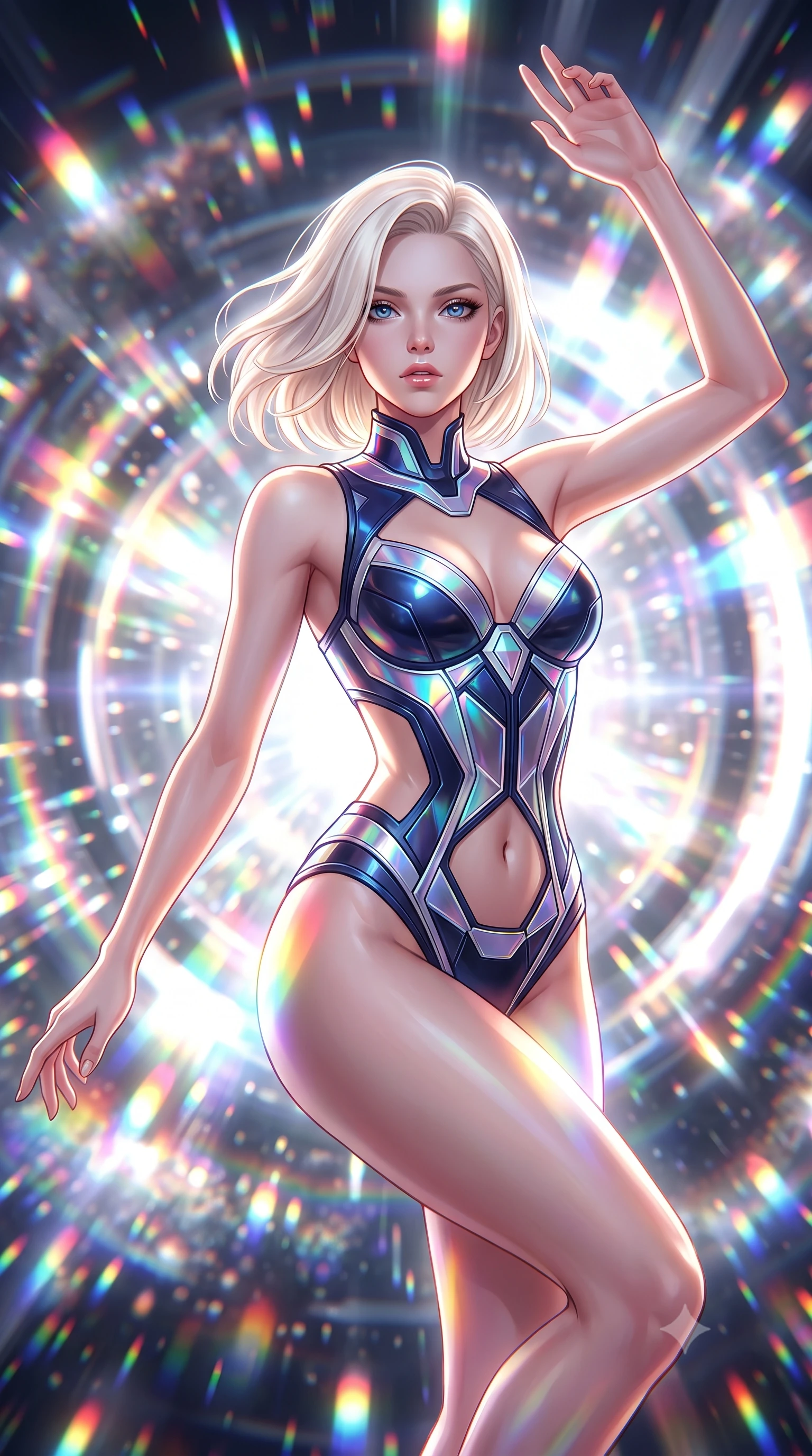 score_9, masterpiece, best quality, ultra-detailed, high-budget anime keyframe, semi-realistic 3D game render, editorial fashion photography, tasteful artistic composition, Caucasian woman. close-up cowboy shot from the waist and thighs up, the character dominates the composition, filling the frame with her large presence. looking into the camera lens with intense, captivating depth, softly parted glossy lips and thick eyelashes framing her ethereal gaze while floating in zero-gravity at the core of a starship warp engine as gigantic rotating magnetic rings emit dazzling prism light. The composition keeps background elements in soft focus with creamy bokeh. blazing warp core energy beams and swirling particle clouds blurred into dazzling rainbow and white-hot bokeh. She has an exceptionally elegant, slender, and willowy female figure with an ultra-slim waist, a gracefully sculpted slender torso, toned flat midriff, and a refined slim silhouette. sharp v-shaped jawline, high-bridge nose, intricate jewel-like eyes with depth, thick eyelashes, glossy lips with a natural sheen, flawlessly proportioned anatomical accuracy, strict slender model proportions, natural body alignment, perfectly sculpted long slender limbs, ultra-slim waistline, clean dynamic posture without body distortion. wearing a precision-tailored holographic cyber-corset with geometric iridescent plating and an ultra-slim waist-cinching silhouette in deep midnight navy blue and pure starlight chrome, tailored from semi-translucent cybernetic vinyl with glowing micro-filaments, featuring a sleek aerodynamic collar framed by subtle glowing cybernetic accents, the precision-cut daring openings accentuating her delicate midriff, graceful bare collarbones, and ultra-slim feminine waistline. bathed in brilliant white-hot warp core radiance and saturated rainbow particle prism refractions. rich saturated anime colors with glowing neon highlights, detailed shading with soft gradients, rich glossy textures, high-contrast stereoscopic depth, volumetric dynamic lighting, master piece, 9:16 ratio
