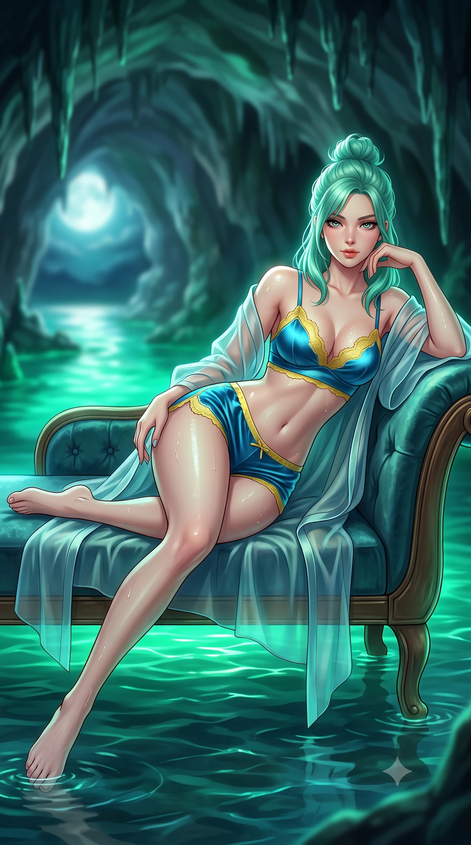 score_9, masterpiece, best quality, ultra-detailed, high-budget anime keyframe, semi-realistic 3D game render, editorial fashion photography, tasteful artistic composition, Japanese woman. low angle full-body shot from head to toe showing her feet, filling the entire 9:16 vertical frame with her statuesque presence, stretching her vertical silhouette. reclining gracefully across the plush chaise lounge with one leg extended, her sculpted silhouette and flat midriff radiating magnetic nocturnal glamour while lounging in the shallow cave pool propped on one hand, her wet-look silhouette radiating mystical Mediterranean enchantment. The background shows a soft-focus soaring vaulted sea cave roof with dripping stalactites, glowing emerald subterranean water basin, and moonlit cave entrance blurred into seafoam, jade, and obsidian bokeh. She has an absolutely perfect, statuesque 8.5-heads proportion, an exceptionally tall and slender model-like female figure with impossibly long slender legs, an ultra-slim waist, a flat toned midriff, narrow delicate ribcage, and beautifully sculpted feminine hips creating a graceful, slim hourglass silhouette without any bulky heaviness. sharp v-shaped jawline, high-bridge nose, sparkling eyes with hypnotic seductive depth, thick curled eyelashes, glossy parted lips with a natural dewy peach sheen, alluring bedroom-eyes with an enchanting coquettish smile, exuding magnetic siren charisma and sophisticated glamour, flawlessly proportioned anatomical accuracy, strict slender model proportions, natural body alignment, perfectly sculpted long slender limbs, ultra-slim waistline, clean dynamic posture without body distortion. wearing a sheer silk organza modern kimono robe worn loose and slipping off bare shoulders over a matching satin bralette and micro-shorts in Amalfi azure blue and sunlit lemon gold, tailored from ultra-plush velvet with rich tactile depth and deep shadow gradients, finished with scalloped eyelash lace trim framing her sweetheart neckline with intimate elegance, the glove-like clinging cut tightly following the natural contour of her hips and long slender legs with youthful 8.5-heads elegance. bathed in supernatural glowing emerald and aquamarine light radiating upward from bioluminescent cave waters. highly saturated vibrant anime colors, detailed shading with soft gradients, rich glossy textures, high-contrast stereoscopic depth, volumetric dynamic lighting, master piece, 9:16 ratio