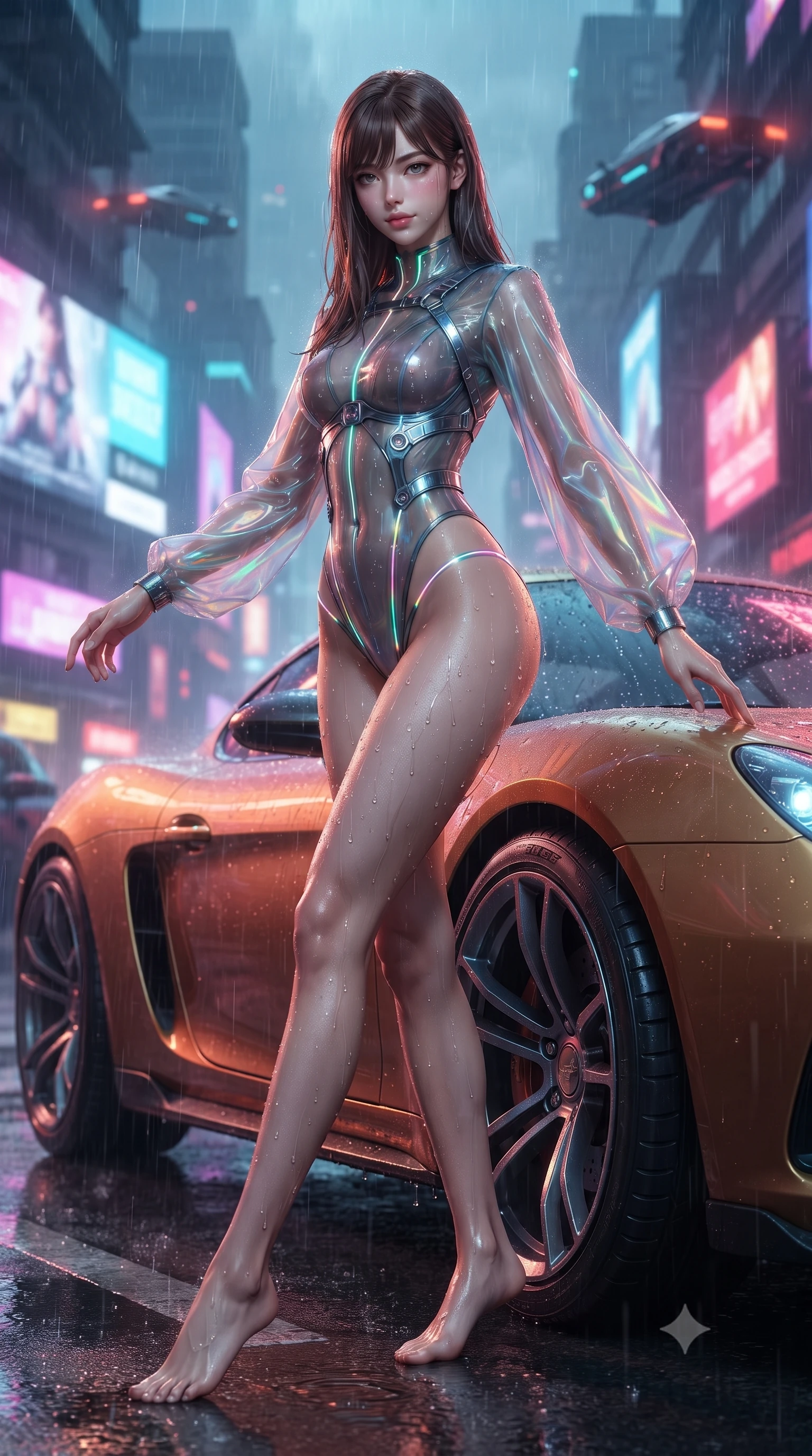 score_9, masterpiece, best quality, ultra-detailed, high-budget anime keyframe, editorial fashion photography, tasteful artistic composition, Korean woman. low angle full-body shot from head to toe showing her feet, filling the entire 9:16 vertical frame with her statuesque presence, stretching her vertical silhouette. pivoting dynamically in mid-motion with a breathtakingly alluring posture, displaying her flawless model proportions and ultra-slim waist while leaning against the warm metallic fender of a roadster as raindrops and neon lights glisten on her skin. The composition keeps background elements in soft focus with creamy bokeh. distant cyber-billboards and hovering aero-cars softened by shallow rain-soaked focus. She has an absolutely perfect, statuesque 8.5-heads proportion, an exceptionally tall and slender model-like female figure with impossibly long slender legs and an ultra-slim waist. sharp v-shaped jawline, high-bridge nose, intricate jewel-like eyes with depth, thick eyelashes, glossy lips with a natural sheen, flawlessly proportioned anatomical accuracy, natural body alignment, perfectly sculpted elegant limbs, clean dynamic posture without body distortion. wearing a skin-tight cybernetic bodysuit with glowing neon seams, deep hip cutouts, and an aerodynamic athletic fit in translucent smoky quartz and iridescent holographic sheen, made of smooth iridescent silk chiffon that shifts colors with movement, reinforced by a sleek metallic chrome harness and delicate glowing micro-straps, the liquid-tight fabric adhering flawlessly to her sculpted torso and slender silhouette. illuminated by glistening wet specular highlights and deep indigo urban shadows. ultra-reflective glossy finish, specular highlights, metallic sheen, high-contrast stereoscopic depth, volumetric dynamic lighting, 2k, ultra detail, master piece, 9:16 ratio
