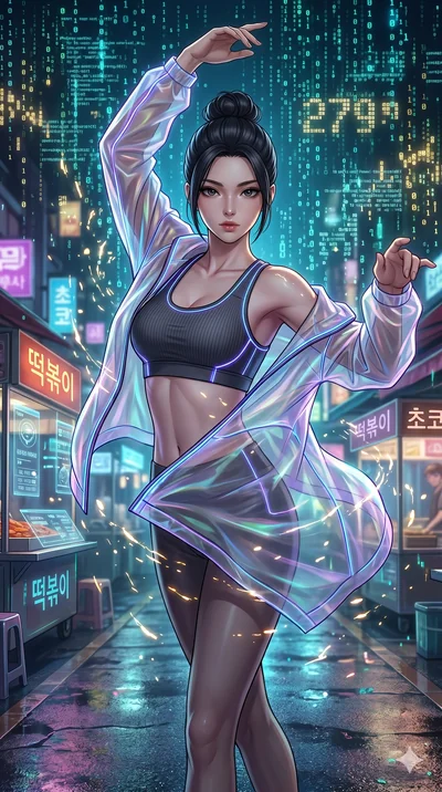 score_9, masterpiece, best quality, ultra-detailed, Set A: High-budget Anime Keyframe, Korean woman. Upper body close-up from the thighs up, character filling the screen for maximum presence. Dancing through a futuristic night market, while a digital
