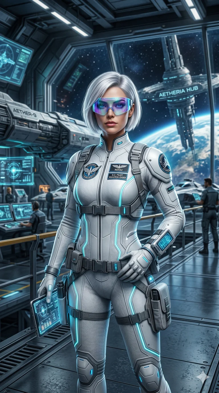 A gorgeous woman with a short silver bob and an iridescent visor, wearing a sleek white pilot suit, futuristic sci-fi setting, character-centric vertical shot, 2k, ultra detail, master piece, 9:16 ratio