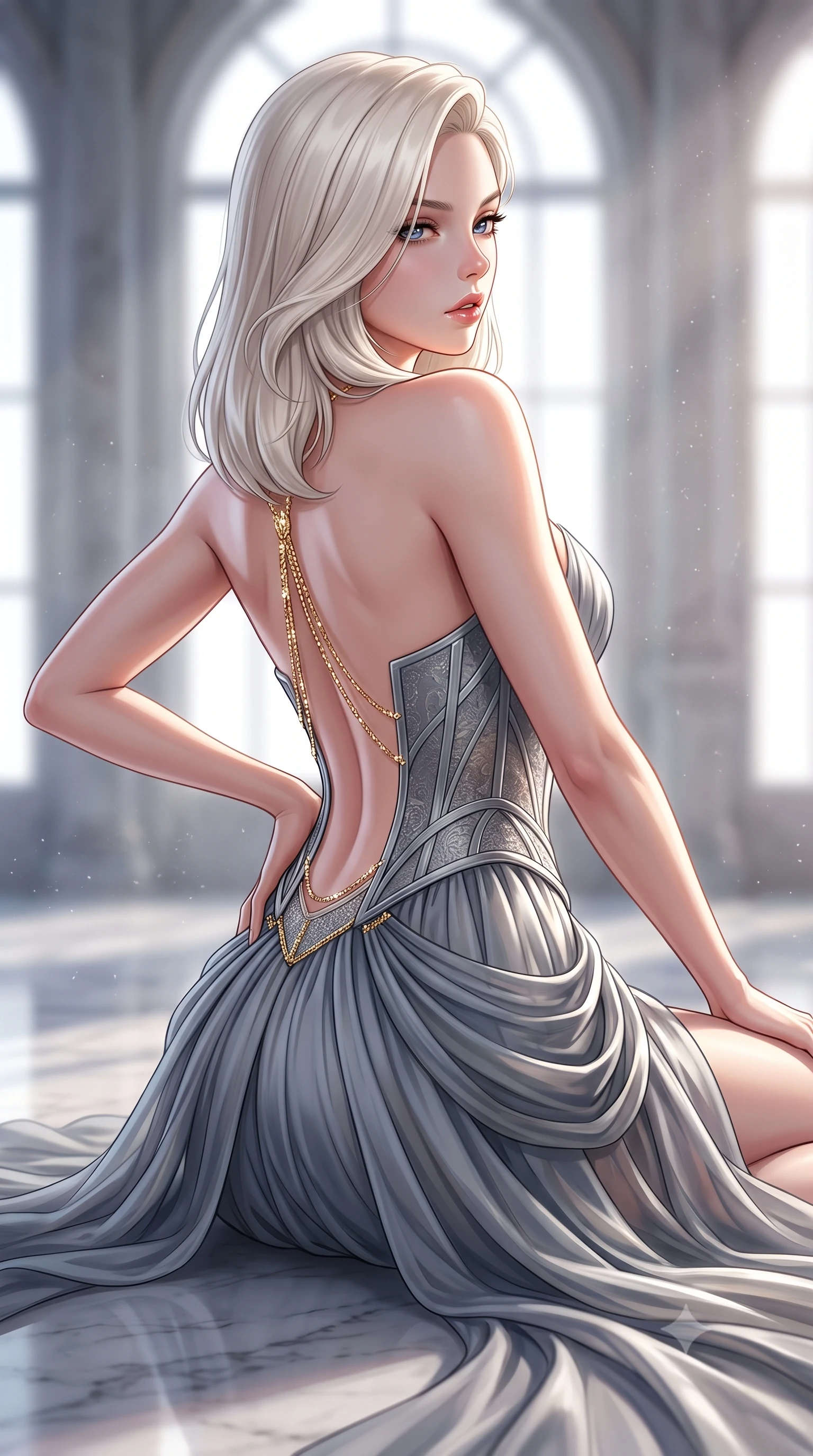 score_9, masterpiece, best quality, ultra-detailed, high-budget anime keyframe, semi-realistic 3D game render, editorial fashion photography, tasteful artistic composition, Caucasian woman. close-up cowboy shot from the waist and thighs up, the character dominates the composition, filling the frame with her large presence. posing in an alluring rear three-quarter angle, arching her lower back in a pronounced S-curve with one hand on her hip, glancing seductively over her bare shoulder with parted glossy lips while lying languidly on the polished marble studio floor, legs extended in an alluring dancer line as north light pours over her form. The composition keeps background elements in soft focus with creamy bokeh. soaring arched studio windows and drifting marble dust softened in classical artistic shallow focus. She has an exceptionally elegant, slender, and willowy female figure with an ultra-slim waist, a gracefully sculpted slender torso, toned flat midriff, and rounded feminine hips creating an alluring hourglass silhouette. sharp v-shaped jawline, high-bridge nose, intricate jewel-like eyes with depth, thick eyelashes, glossy parted lips with a natural sheen, intensely captivating and seductive bedroom-eyes expression, flawlessly proportioned anatomical accuracy, strict slender model proportions, natural body alignment, perfectly sculpted long slender limbs, ultra-slim waistline, clean dynamic posture without body distortion. wearing a Renaissance-inspired boned corset bodice gown with exposed clavicle and sculpted hip boning in cool slate grey and metallic silver, woven from layered gossamer chiffon with a weightless sweeping drape, accented with a glittering gold back chain tracing her bare spine down to her hip line, the glove-like aerodynamic silhouette tightly following the natural contour of her hips and long slender legs with statuesque precision. illuminated by crisp sculptural key lighting carving her narrow waist, curved hips, and statuesque limbs. highly saturated vibrant anime colors, detailed shading with soft gradients, rich glossy textures, high-contrast stereoscopic depth, volumetric dynamic lighting, master piece, 9:16 ratio