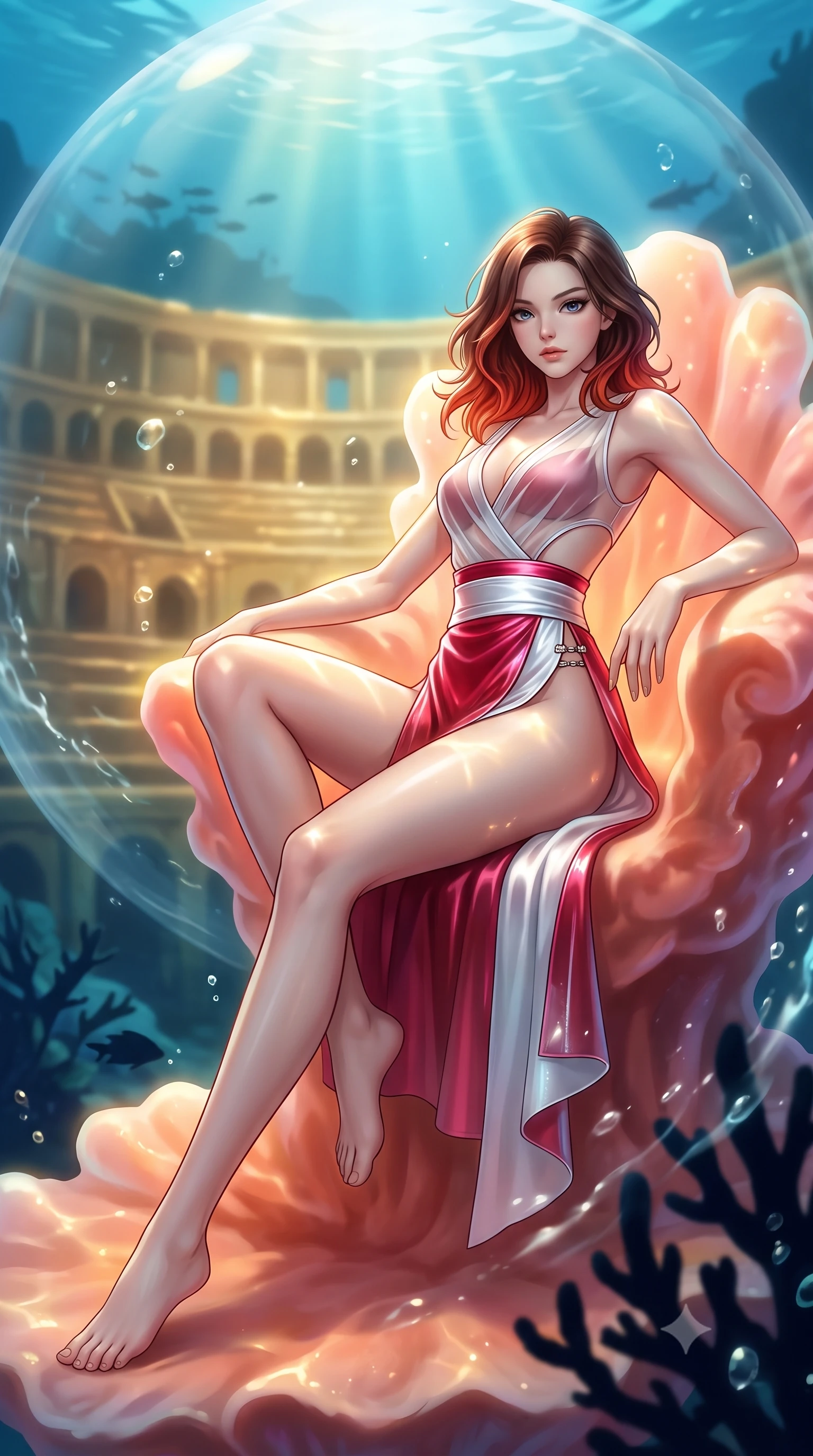 score_9, masterpiece, best quality, ultra-detailed, high-budget anime keyframe, semi-realistic 3D game render, editorial fashion photography, tasteful artistic composition, Korean woman. low angle full-body shot from head to toe showing her feet, filling the entire 9:16 vertical frame with her statuesque presence, stretching her vertical silhouette. pivoting dynamically in mid-motion with a breathtakingly alluring posture, displaying her flawless model proportions and ultra-slim waist while reclining gracefully on a glowing coral throne inside an ancient sunken golden amphitheatre beneath an air-bubble dome. The composition keeps background elements in soft focus with creamy bokeh. sunken golden amphitheatre tiers and water caustics softened in luminous shallow depth of field. She has an absolutely perfect, statuesque 8.5-heads proportion, an exceptionally tall and slender model-like female figure with impossibly long slender legs, a toned flat midriff, and an ultra-slim waist. sharp v-shaped jawline, high-bridge nose, intricate jewel-like eyes with depth, thick eyelashes, glossy lips with a natural sheen, flawlessly proportioned anatomical accuracy, strict slender model proportions, natural body alignment, perfectly sculpted long slender limbs, ultra-slim waistline, clean dynamic posture without body distortion. wearing a shortened cyber-fusion wrap top with transparent chiffon panels, a deep crossover neckline, and a high-waisted metallic sash that accentuates her ultra-slim waist in radiant crimson silk and crisp snow white, tailored from semi-translucent cybernetic vinyl with glowing micro-filaments, finished with an ultra-high side slit secured by miniature magnetic clasps, the precision-cut daring openings accentuating her delicate midriff, graceful bare collarbones, and ultra-slim feminine waistline. bathed in shimmering golden sunlight caustics filtering through clear ocean waters. highly saturated vibrant anime colors, detailed shading with soft gradients, rich glossy textures, high-contrast stereoscopic depth, volumetric dynamic lighting, master piece, 9:16 ratio