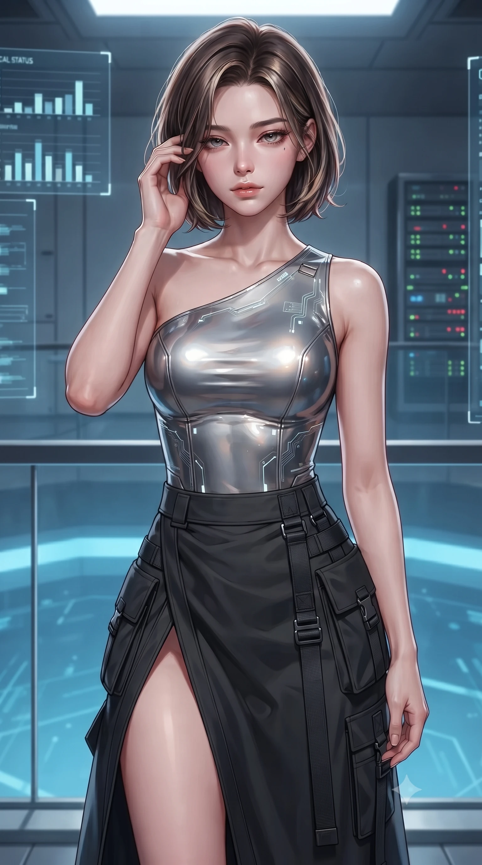 score_9, masterpiece, best quality, ultra-detailed, high-budget anime keyframe, editorial fashion photography, tasteful artistic composition, Korean woman. close-up cowboy shot from the waist and thighs up, the character dominates the composition, filling the frame with her large presence, background elements kept in soft focus. gently touching the side of her temple, casting a heavy-lidded, sultry look past the camera, the background shows a soft-focus a tactical grid control balcony with glass panels showing status bar charts. She has an exceptionally elegant, slender, and willowy female figure with an ultra-slim waist, a gracefully sculpted slender torso, and a refined silhouette. sharp v-shaped jawline, high-bridge nose, intricate jewel-like eyes with depth, thick eyelashes, glossy lips with a natural sheen. wearing a tailored asymmetric one-shoulder nanotech bodice paired with a daring high-slit tactical utility wrap skirt. soft amber screen glare contrasting with the cool blue simulation space. ultra-reflective glossy finish, specular highlights, metallic sheen, high-contrast stereoscopic depth, volumetric dynamic lighting, 2k, ultra detail, master piece, 9:16 ratio