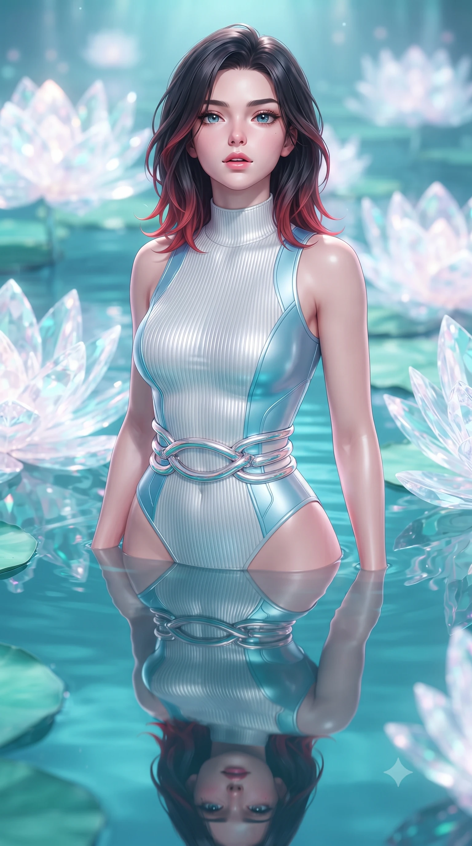 score_9, masterpiece, best quality, ultra-detailed, high-budget anime keyframe, editorial fashion photography, tasteful artistic composition, Korean woman. close-up cowboy shot from the waist and thighs up, the character dominates the composition, filling the frame with her large presence, background elements kept in soft focus. Tilting her chin up slightly with lips parted in a composed, magnetic expression, standing in a tranquil water garden filled with giant glowing crystal lotus blossoms, water surface creating a flawless mirror reflection of her form. She has an exceptionally elegant, slender, and willowy female figure with an ultra-slim waist, a gracefully sculpted slender torso, and a refined silhouette. sharp v-shaped jawline, high-bridge nose, intricate jewel-like eyes with depth, thick eyelashes, glossy lips with a natural sheen. wearing sleek high-neck ribbed activewear bodysuit in pearl white in sky blue turquoise, made of sculpted platinum chrome, accented with sculpted opal chrome rings at the waist, sculpting her athletic slender build with refined precision. bathed in serene turquoise water reflections and bright pastel highlights. highly saturated vibrant anime colors, detailed shading with soft gradients, rich glossy textures, high-contrast stereoscopic depth, volumetric dynamic lighting, master piece, 9:16 ratio