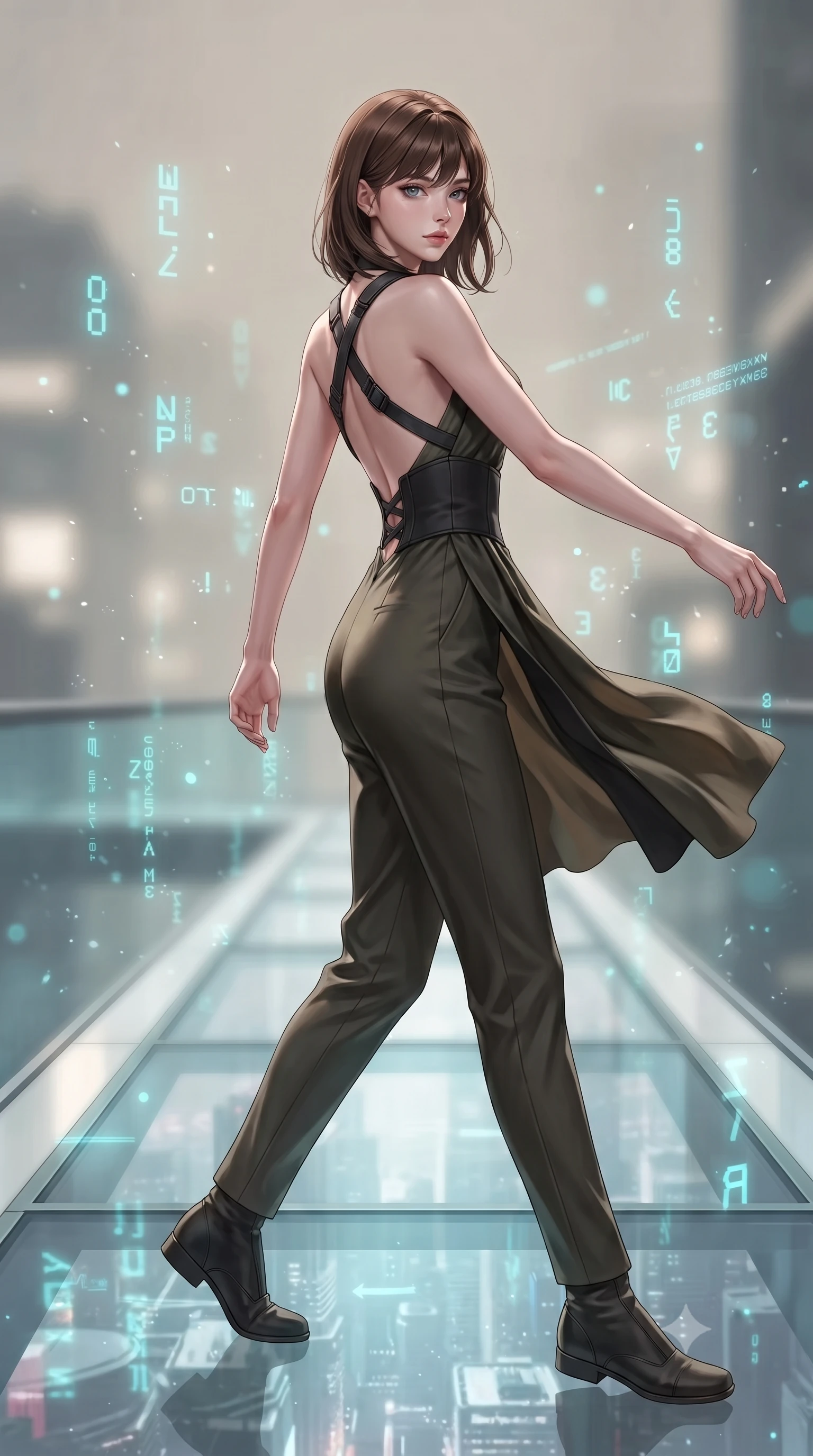score_9, masterpiece, best quality, ultra-detailed, high-budget anime keyframe, editorial fashion photography, tasteful artistic composition, Korean woman. low angle full-body shot from head to toe showing her feet, filling the entire 9:16 vertical frame with her statuesque presence, stretching her vertical silhouette. executing an elegant mid-motion spin with effortless grace, her garments fluttering softly around her ultra-slim waistline while striding across the luminous glass walkway with silent tactical footsteps and authoritative commander presence. The composition keeps background elements in soft focus with creamy bokeh. glowing holographic code glyphs and UI particles scattering soft cyan light motes around her. She has an absolutely perfect, statuesque 8.5-heads proportion, an exceptionally tall and slender model-like female figure with impossibly long slender legs, a toned flat midriff, and an ultra-slim waist. sharp v-shaped jawline, high-bridge nose, intricate jewel-like eyes with depth, thick eyelashes, glossy lips with a natural sheen, captivating and magnetic expression, flawlessly proportioned anatomical accuracy, strict slender model proportions, natural body alignment, perfectly sculpted long slender limbs, ultra-slim waistline, clean dynamic posture without body distortion. wearing an undercover high-society halter jumpsuit with a tailored deep-V back and integrated waist cincher in dark olive drab and tactical matte black, tailored from fluid silk crepe with inner ballistic reinforcement, accented with criss-cross back tactical harness straps framing her bare spine, the liquid-tight tailored fabric emphasizing every curve of her tall, slender model proportions and sculptured silhouette during dynamic movement. illuminated by crisp directional key light defining her razor-sharp jawline, eyes, and slender curves. ultra-reflective glossy finish, specular highlights, rich textural contrasts, high-contrast stereoscopic depth, volumetric dynamic lighting, 2k, ultra detail, master piece, 9:16 ratio