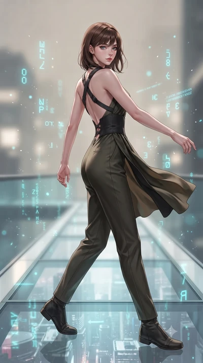 score_9, masterpiece, best quality, ultra-detailed, high-budget anime keyframe, editorial fashion photography, tasteful artistic composition, Korean woman. low angle full-body shot from head to toe showing her feet, filling the entire 9:16 vertical f