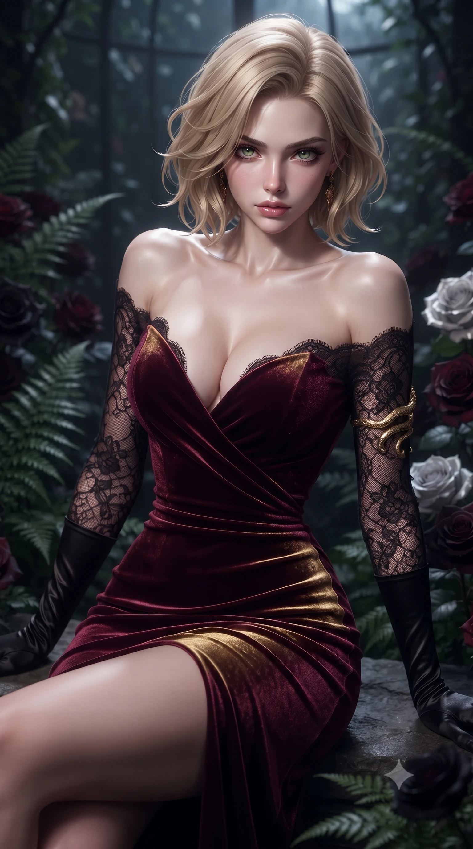 score_9, masterpiece, best quality, ultra-detailed, high-budget anime keyframe, editorial fashion photography, tasteful artistic composition, Caucasian woman. close-up cowboy shot from the waist and thighs up, the character dominates the composition, filling the frame with her large presence. leaning back with relaxed seductive grace, her sculpted collarbones highlighted by light, casting smoldering bedroom-eyes directly into the lens while gliding between whispering ferns and overgrown black roses, her smoldering gaze locking onto the viewer with intoxicating allure. The composition keeps background elements in soft focus with creamy bokeh. moonlit orangerie glass framework and blooming black rose petals blurred into deep obsidian, wine-ruby, and lunar-silver bokeh. She has an exceptionally elegant, slender, and willowy female figure with an ultra-slim waist, a gracefully sculpted slender torso, toned flat midriff, and a refined slim silhouette. sharp v-shaped jawline, high-bridge nose, intricate jewel-like eyes with depth, thick eyelashes, glossy parted lips with a natural sheen, intensely captivating and seductive expression, flawlessly proportioned anatomical accuracy, strict slender model proportions, natural body alignment, perfectly sculpted long slender limbs, ultra-slim waistline, clean dynamic posture without body distortion. wearing a dark romantic lace-sleeved evening gown with a plunging neckline and bare shoulders in deep royal wine burgundy and liquid gold, crafted from heavyweight crushed silk velvet with liquid luster, accessorized with opera-length black satin gloves and gold serpent armlet, the glove-like aerodynamic second-skin fit tightly clinging to her ultra-slender waist and feminine curves without adding bulk. surrounded by a seductive, aristocratic, and dangerously alluring vampire queen aura. ultra-reflective glossy finish, specular highlights, rich textural contrasts, high-contrast stereoscopic depth, volumetric dynamic lighting, 2k, ultra detail, master piece, 9:16 ratio