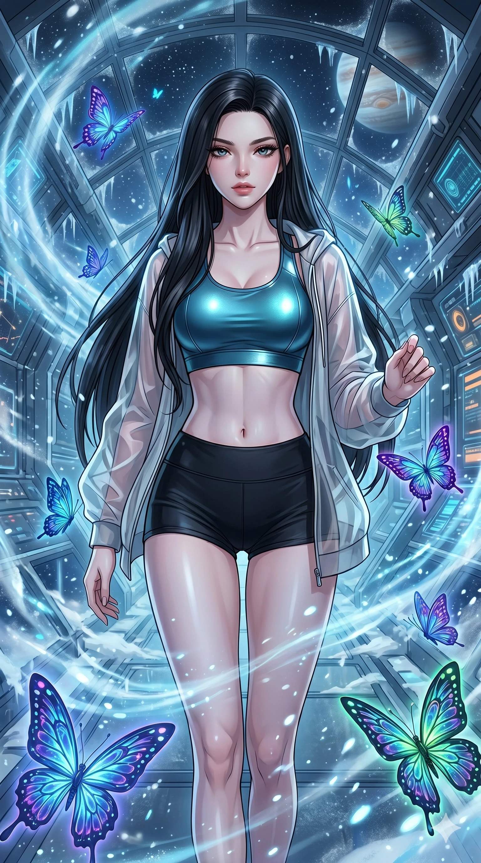 score_9, masterpiece, best quality, ultra-detailed, high-budget anime movie keyframe, cinematic anime lighting, intricate line art, Caucasian (strictly human ears) anime girl. Upper body filling screen focusing on her alluring features and slim-fit silhouette. walking through a blizzard in a futuristic orbital station surrounded by glowing butterflies. She has an absolutely perfect 8-heads proportion, an exceptionally tall and slender female figure with an ultra-slim waist and impossibly long slender legs. sharp v-shaped jawline, high-bridge nose, intricate jewel-like eyes, thick eyelashes, glossy lips. Wearing premium athleisure set with a metallic-finish compression top, high-cut yoga shorts that accentuate her long legs, and a sheer oversized hoodie. The scene is illuminated by dramatic atmospheric lighting and vibrant color palettes. 2k, ultra detail, master piece, 9:16 ratio