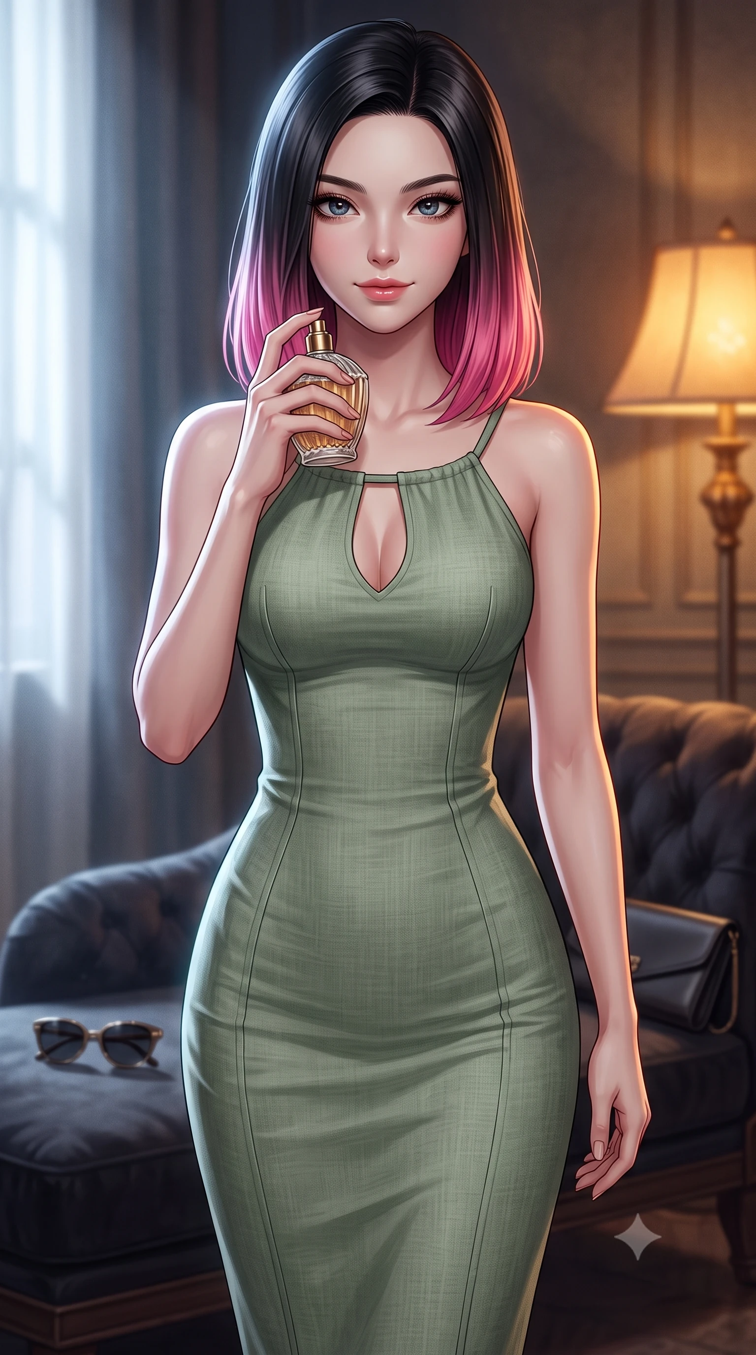 score_9, masterpiece, best quality, ultra-detailed, high-budget anime keyframe, editorial fashion photography, tasteful artistic composition, Korean woman. close-up cowboy shot from the waist and thighs up, the character dominates the composition, filling the frame with her large presence, background elements kept in soft focus. holding a vintage perfume bottle to her neck, smiling with quiet magnetic self-assurance set against a soft-focus background of inside an exclusive art atelier with a pair of designer sunglasses and a sleek leather clutch bag on the lounger. She has an exceptionally elegant, slender, and willowy female figure with an ultra-slim waist, a gracefully sculpted slender torso, and a refined silhouette. sharp v-shaped jawline, high-bridge nose, intricate jewel-like eyes with depth, thick eyelashes, glossy lips with a natural sheen. wearing form-contouring sage green soft linen body-hugging knit midi dress with a tasteful keyhole neckline cutout and thin shoulder straps featuring refined tailored seams. illuminated by soft silver moonlight contrasting with the warm amber glow of a nearby lamp. highly saturated vibrant anime colors, detailed shading with soft gradients, rich glossy textures, high-contrast stereoscopic depth, volumetric dynamic lighting, master piece, 9:16 ratio