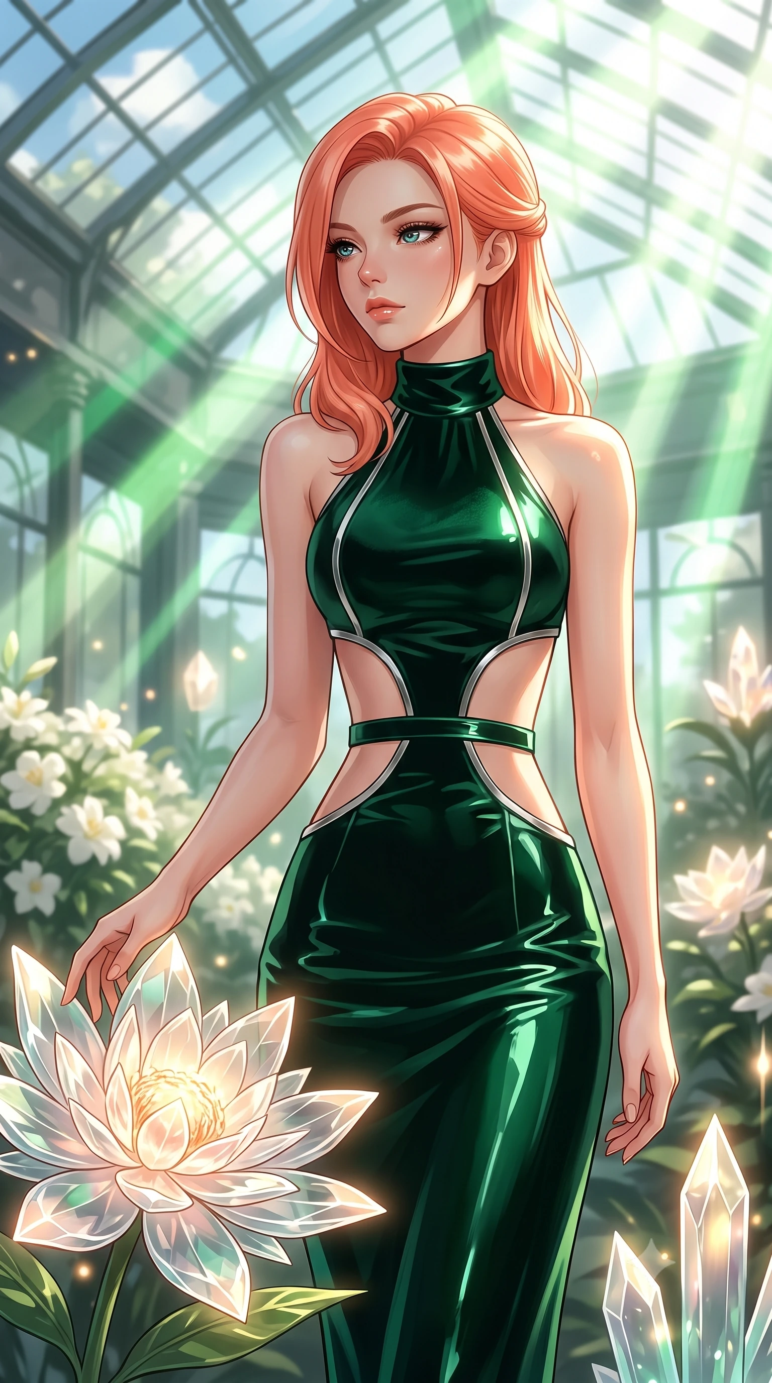 score_9, masterpiece, best quality, ultra-detailed, high-budget anime keyframe, editorial fashion photography, tasteful artistic composition, Japanese woman. close-up cowboy shot from the waist and thighs up, the character dominates the composition, filling the frame with her large presence, background elements kept in soft focus. Gazing past the camera with an air of effortless elegance and mysterious confidence resting near a giant solar-powered crystal flower emitting soft warm light, intense volumetric sunbeams filtering through the glass ceiling. She has an exceptionally elegant, slender, and willowy female figure with an ultra-slim waist, a gracefully sculpted slender torso, and a refined silhouette. sharp v-shaped jawline, high-bridge nose, intricate jewel-like eyes with depth, thick eyelashes, glossy lips with a natural sheen. wearing a velvet halter-neck midi dress following her form like a glove in deep emerald green and silver accent, tailored from high-gloss patent leather, featuring clean architectural cutouts along her slender torso, the glove-like fit emphasizing her statuesque silhouette. surrounded by a bright, airy ambiance with radiant white and green highlights. highly saturated vibrant anime colors, detailed shading with soft gradients, rich glossy textures, high-contrast stereoscopic depth, volumetric dynamic lighting, master piece, 9:16 ratio
