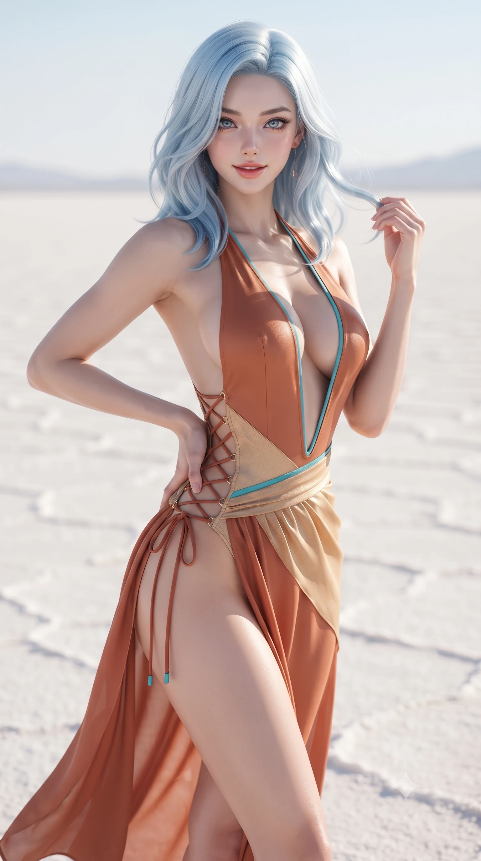 score_9, masterpiece, best quality, ultra-detailed, high-budget anime keyframe, editorial fashion photography, tasteful artistic composition, Korean woman. close-up cowboy shot from the waist and thighs up, the character dominates the composition, filling the frame with her large presence. twisting her slender torso in an alluring contrapposto stance, one hand resting on her sculpted hip while her fingers toy with her hair with effortless poise while walking slowly across the geometric salt polygon crust, hips swaying in an alluring kinetic rhythm that commands the white expanse. The background shows a soft-focus vast desert horizon softened in surreal minimalist shallow focus. She has an exceptionally elegant, slender, and willowy female figure with an ultra-slim waist, flat toned midriff, narrow ribcage, and sculpted feminine hips creating an alluring, slim hourglass silhouette without bulk. sharp v-shaped jawline, high-bridge nose, sparkling eyes with hypnotic seductive depth, thick curled eyelashes, glossy parted lips with a natural dewy peach sheen, alluring bedroom-eyes with an enchanting coquettish smile, exuding magnetic siren charisma and sophisticated glamour, flawlessly proportioned anatomical accuracy, strict slender model proportions, natural body alignment, perfectly sculpted long slender limbs, ultra-slim waistline, clean dynamic posture without body distortion. wearing a plunging halterneck second-skin maillot swimsuit with deep backless scoop and high-slit chiffon beach wrap in terracotta rust and desert sand gold with turquoise accents, woven from buttery-soft stretch lambskin leather adhering to her body like a second skin, featuring fine criss-cross lace-up side ties revealing tantalizing glimpses of her hip curve, the liquid-tight tailored fabric clinging flawlessly to her narrow waist and rounded feminine hips, emphasizing every millimeter of her sculpted slim hourglass curves without any bulky heaviness. bathed in brilliant blinding afternoon sunlight bouncing up from the pure white salt crust. ultra-reflective glossy finish, specular highlights, rich textural contrasts, high-contrast stereoscopic depth, volumetric dynamic lighting, 2k, ultra detail, master piece, 9:16 ratio