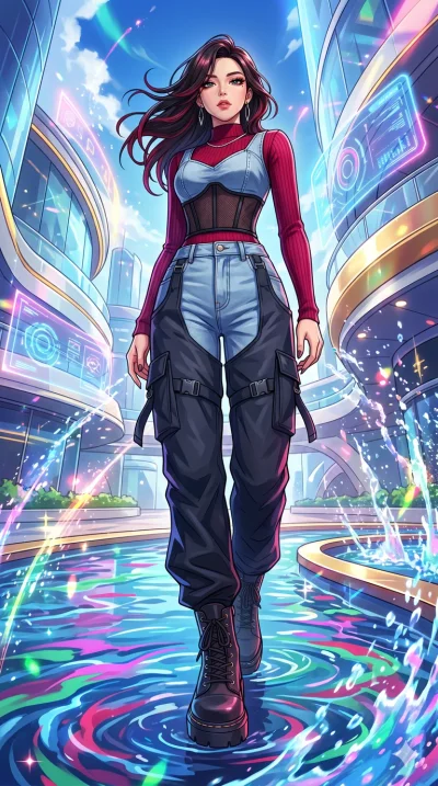 score_9, masterpiece, best quality, ultra-detailed, High-budget Anime Keyframe, beautiful Korean anime girl. Low angle cowboy shot filling the entire 9:16 frame with her overwhelming presence. Standing in a fountain of colorful liquid in a futuristic